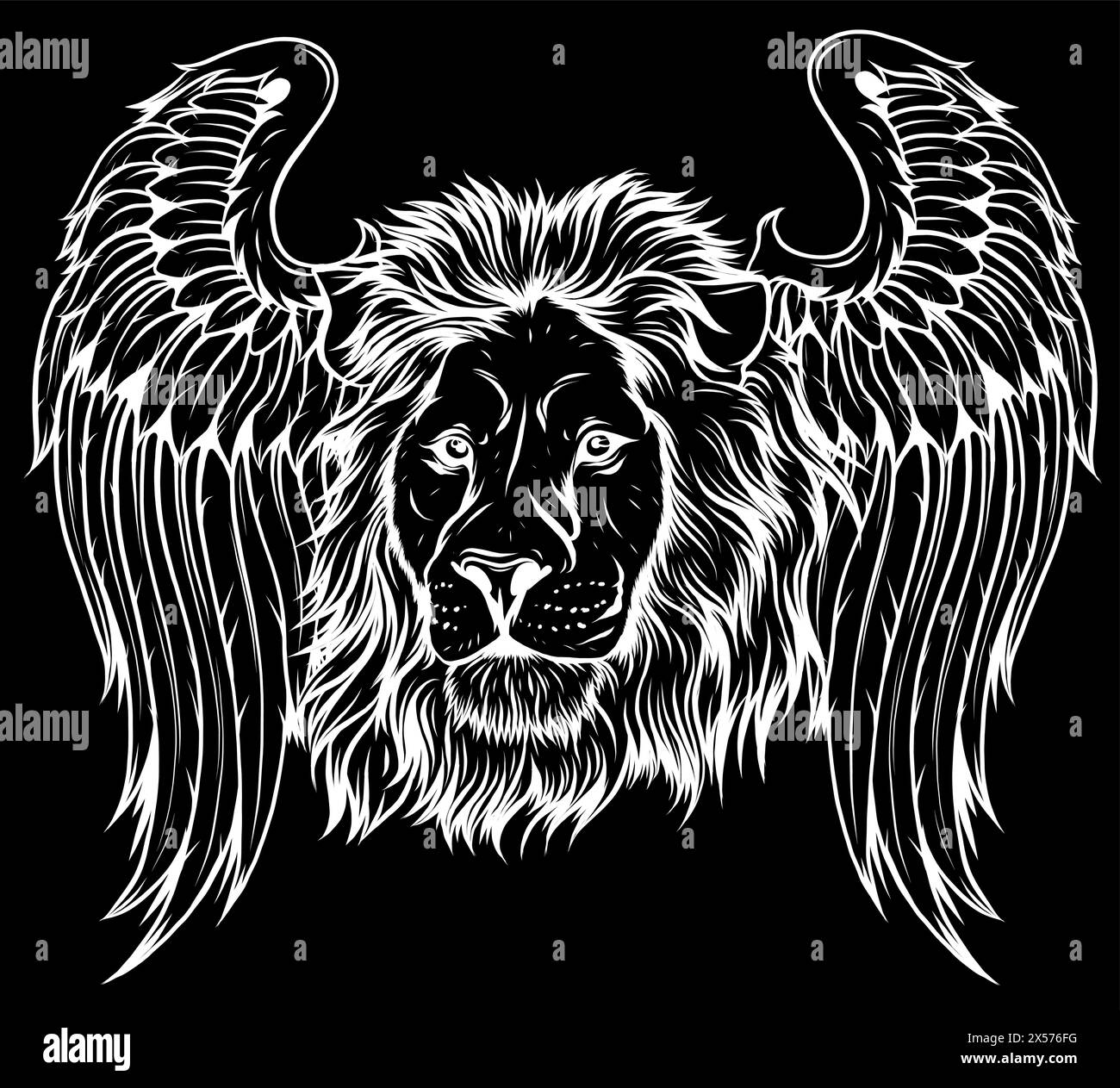 white silhouette of head Lion with Wings on black background Stock Vector