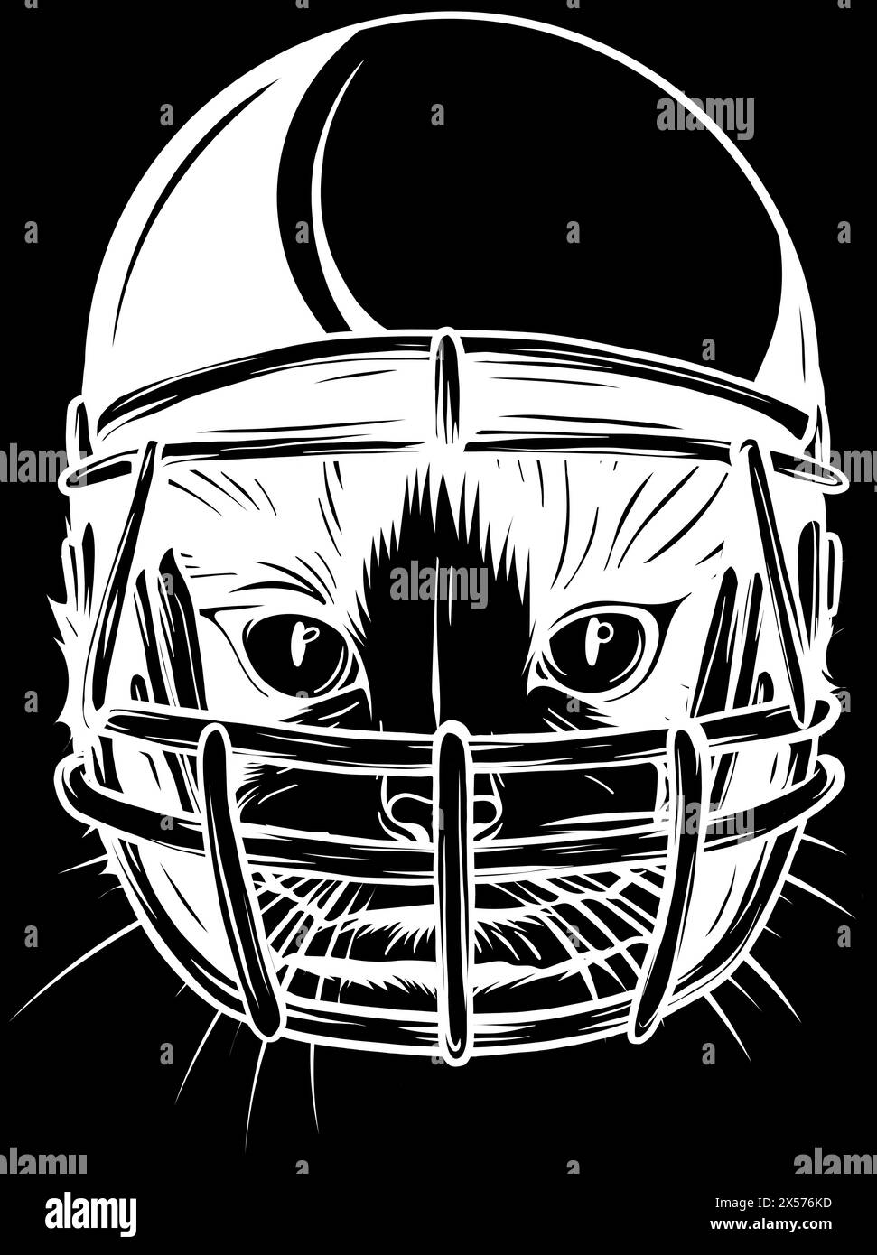 white silhouette of cat with helmet american footbal player on black background Stock Vector