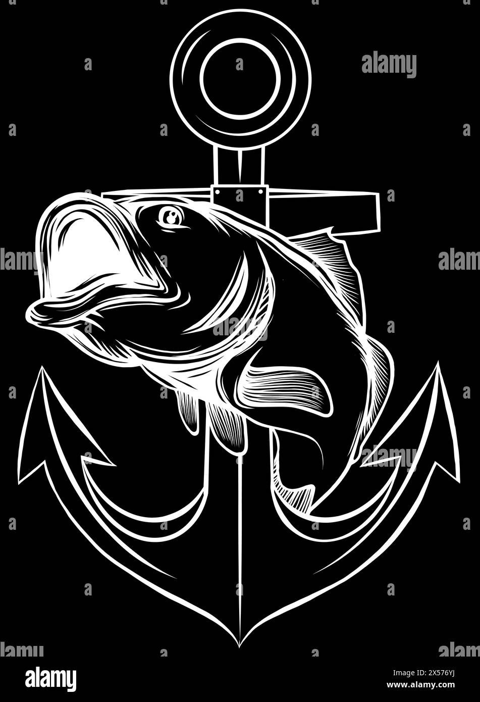 white silhouette of bass fish with anchor on black background Stock Vector