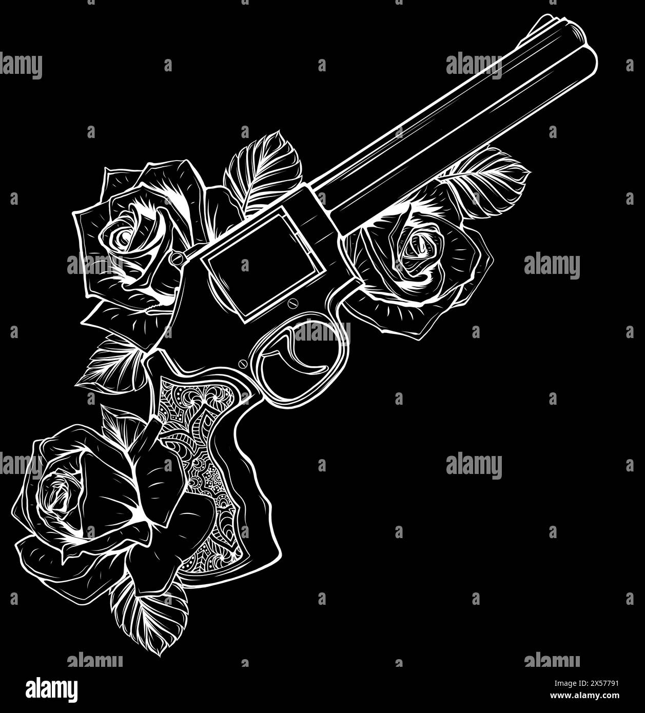 white silhouette of Gun and rose on black background illustration Stock Vector