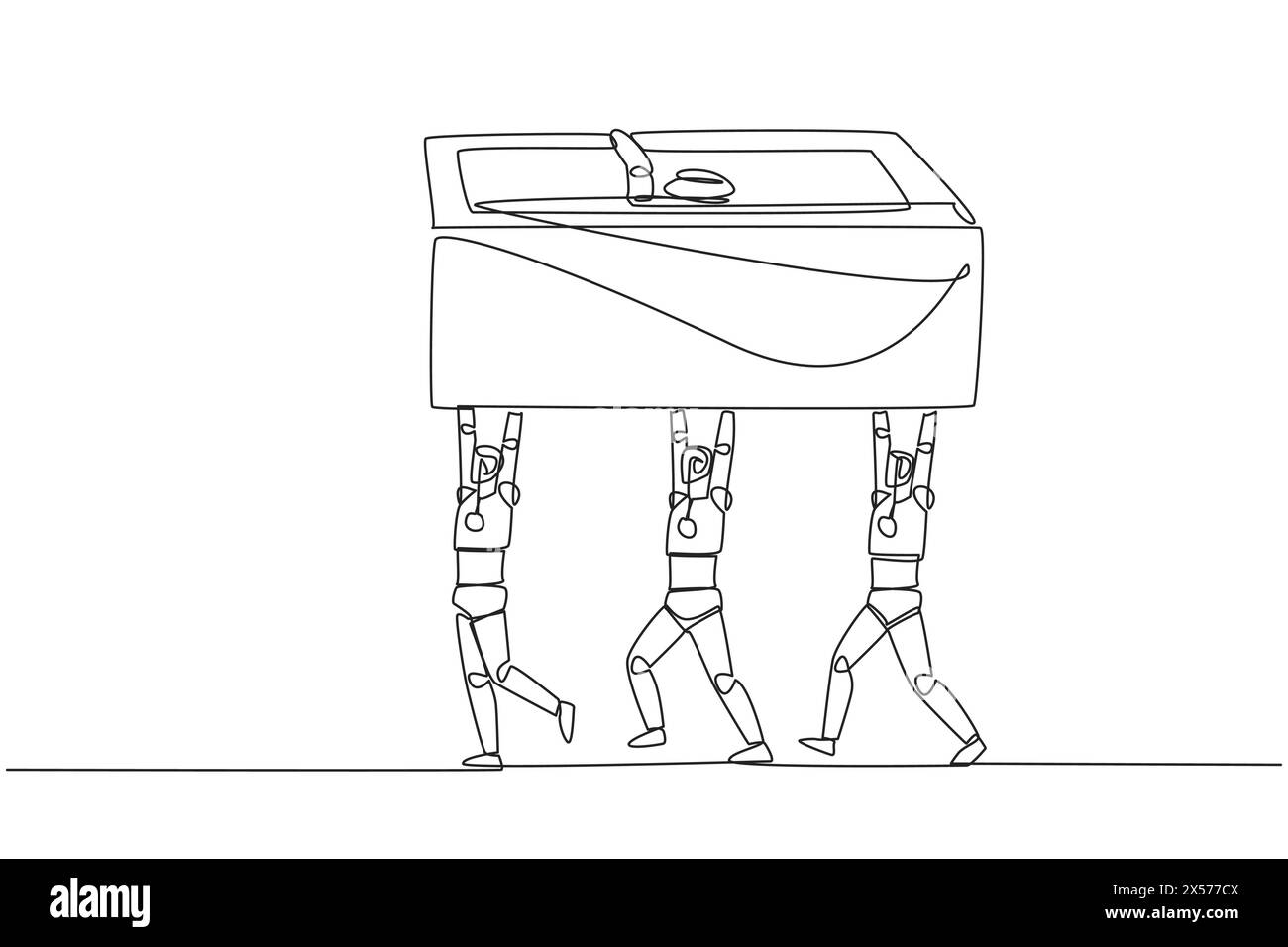 Continuous one line drawing a group of robots work together carrying