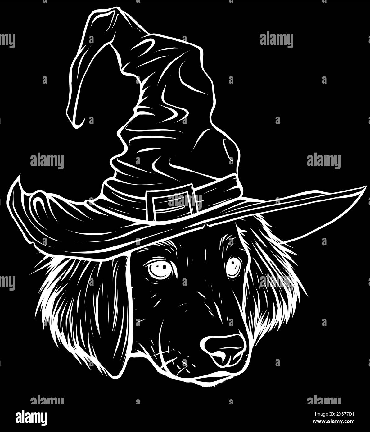 white silhouette of little dog cartoon in a witch hat on black ...