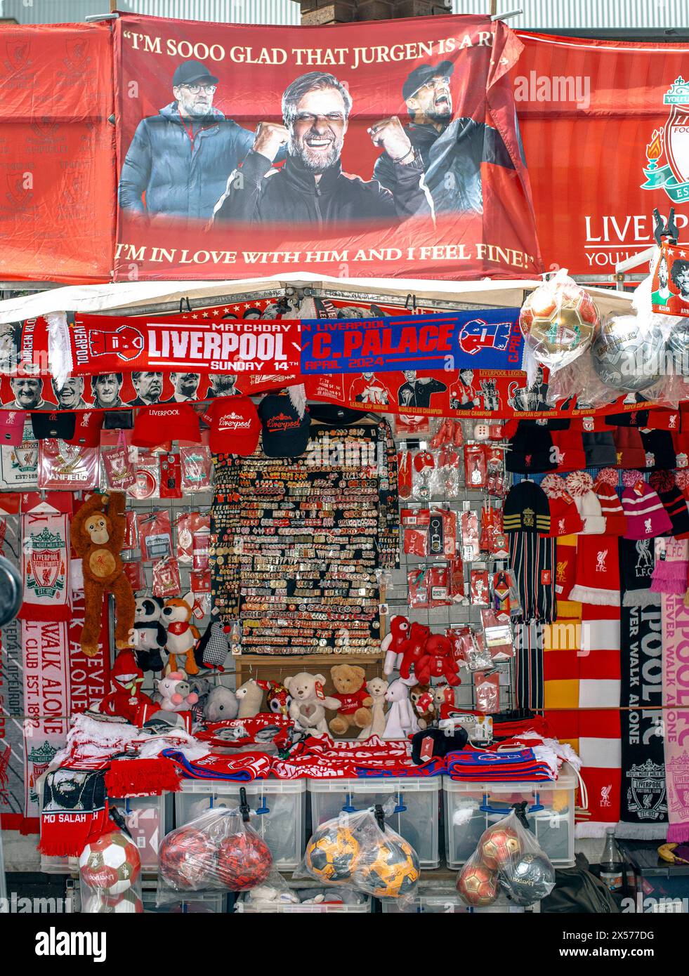 Liverpool FC and Juergen Klopp fans items for sale in Liverpool,Liverpool ,UK. Stock Photo