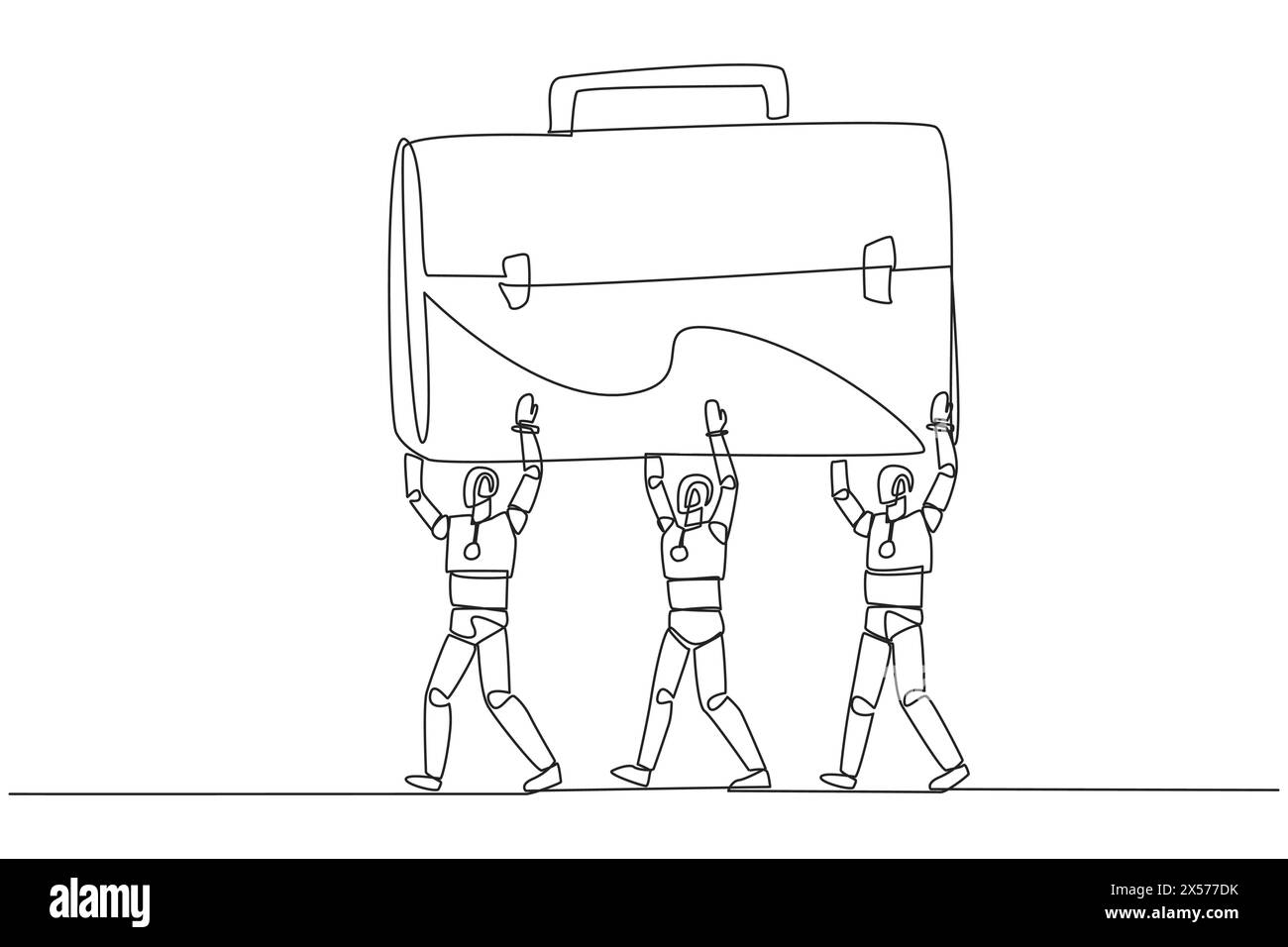 Single continuous line drawing group of robots work together carrying a