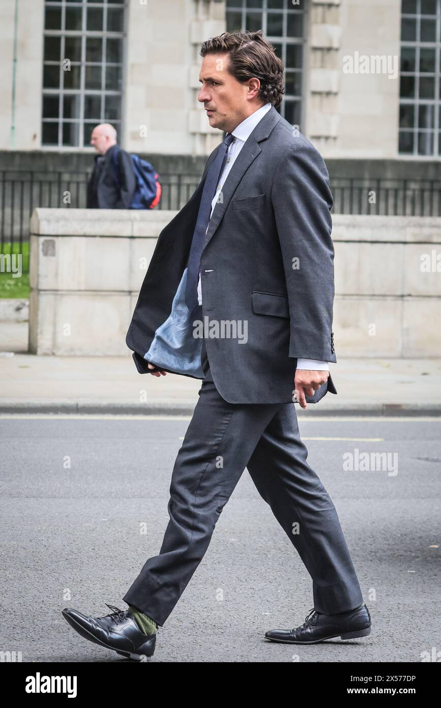 London, UK. 07th May, 2024. Johnny Mercer, MP, UK government Veterans Minister exits the Cabinet Office this afternoon. It is reported that Mr Mercer potentially faces court sanctions for refusing to name military informants who told him of allegations against the SAS relating to potential actions in Afghanistan. Credit: Imageplotter/Alamy Live News Stock Photo