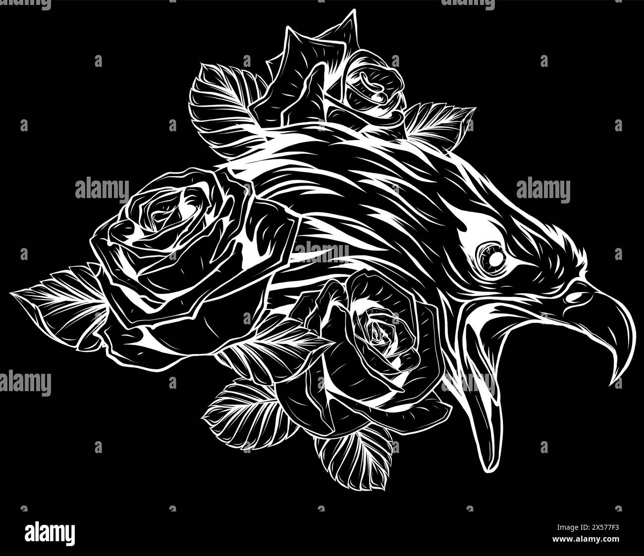 white silhouette of head eagle with roses on black background Stock ...
