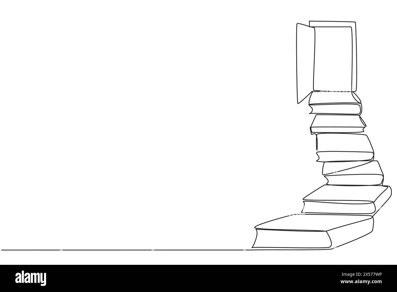 Single continuous line drawing stack the books used as steps. Reach for the open door at the end of the stairs. Symbol of achieving desires. Book fest Stock Vector