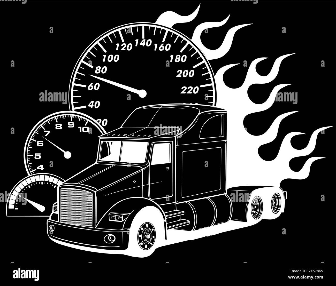 white silhouette of truck with odometer and flames on black background Stock Vector