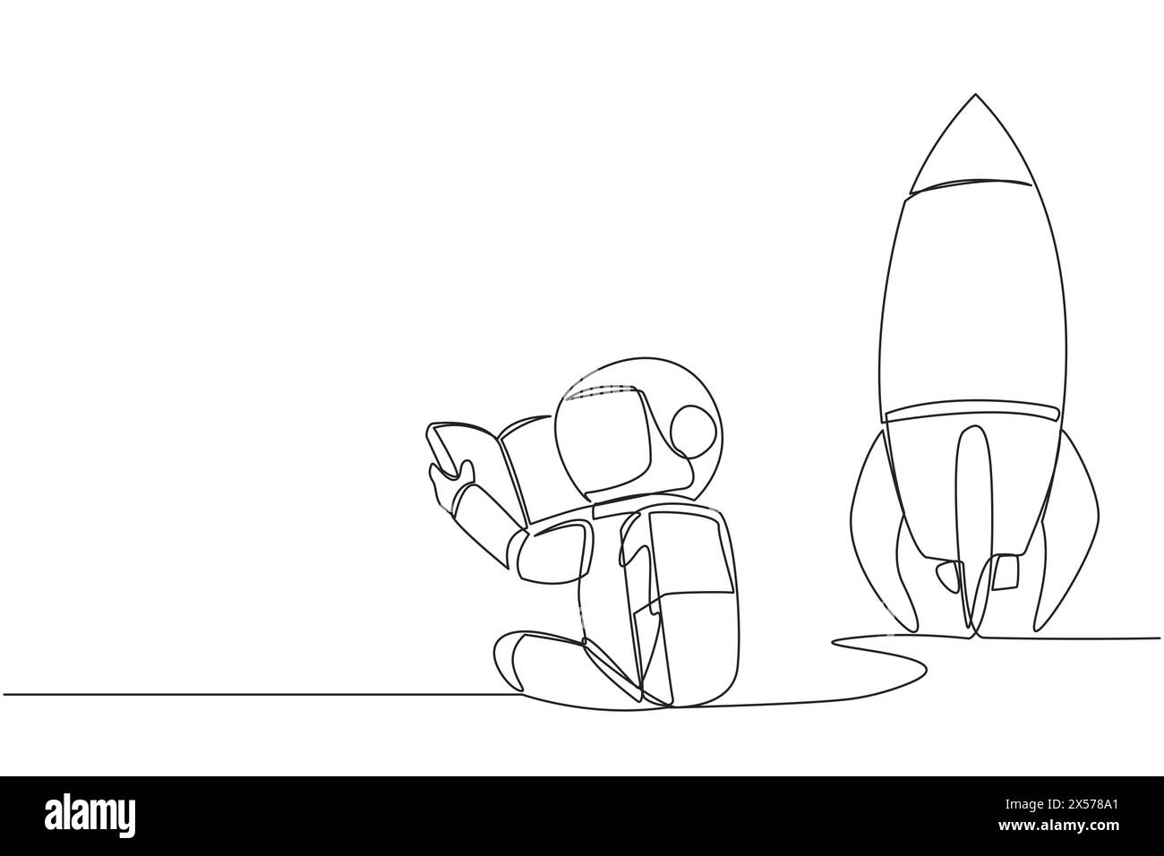 Continuous one line drawing sitting reading a book next to the rocket ...