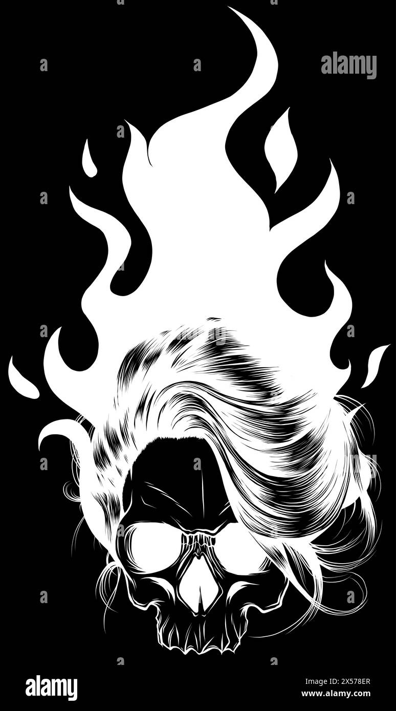 white silhouette of Flames skull horror evil burn hot on black background Stock Vector