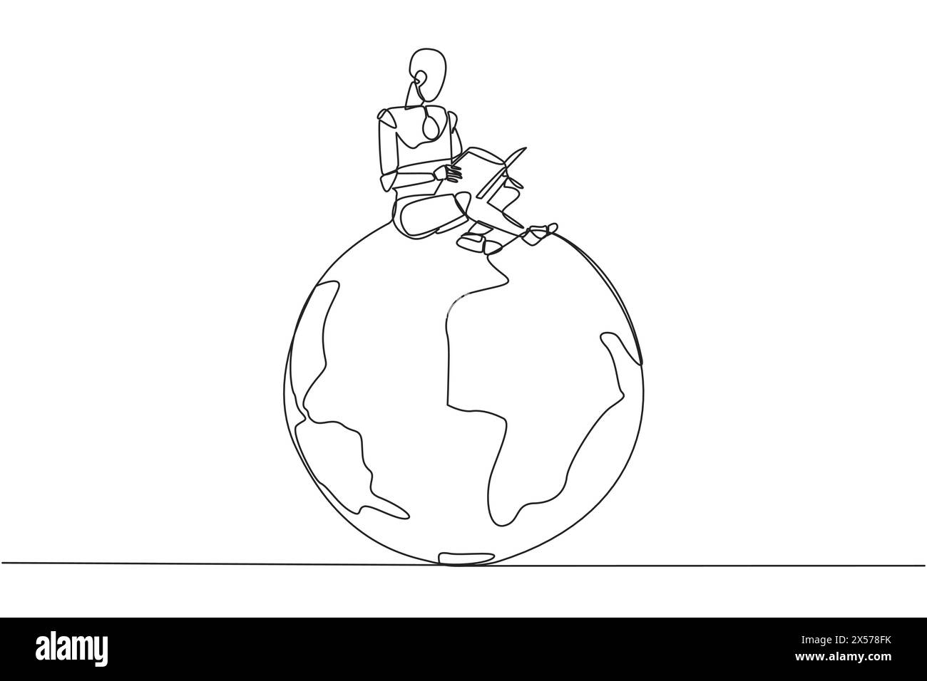 Single one line drawing smart robot sitting on big globe reading book ...