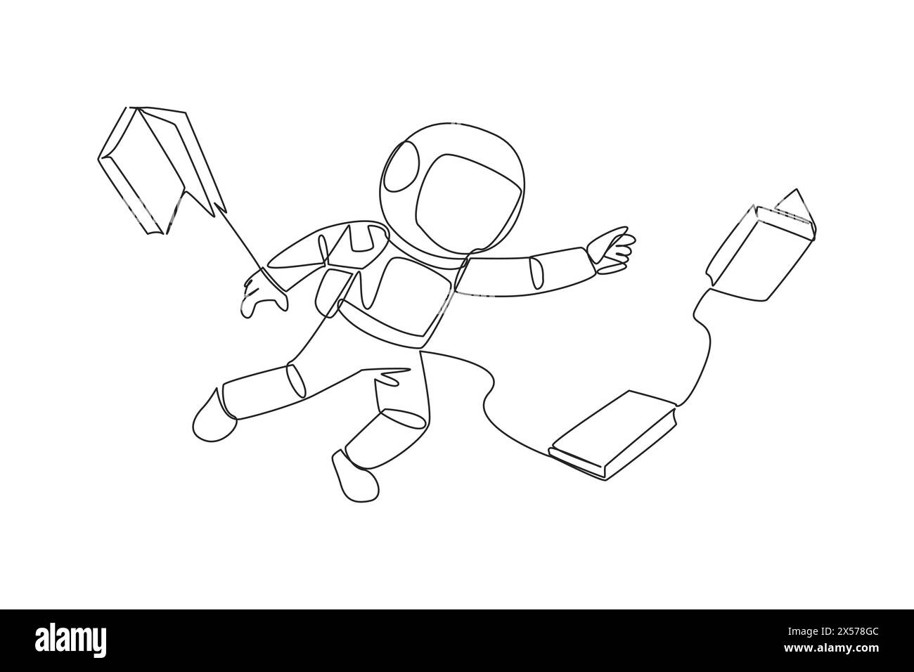Single continuous line drawing astronauts floating in space trying to ...