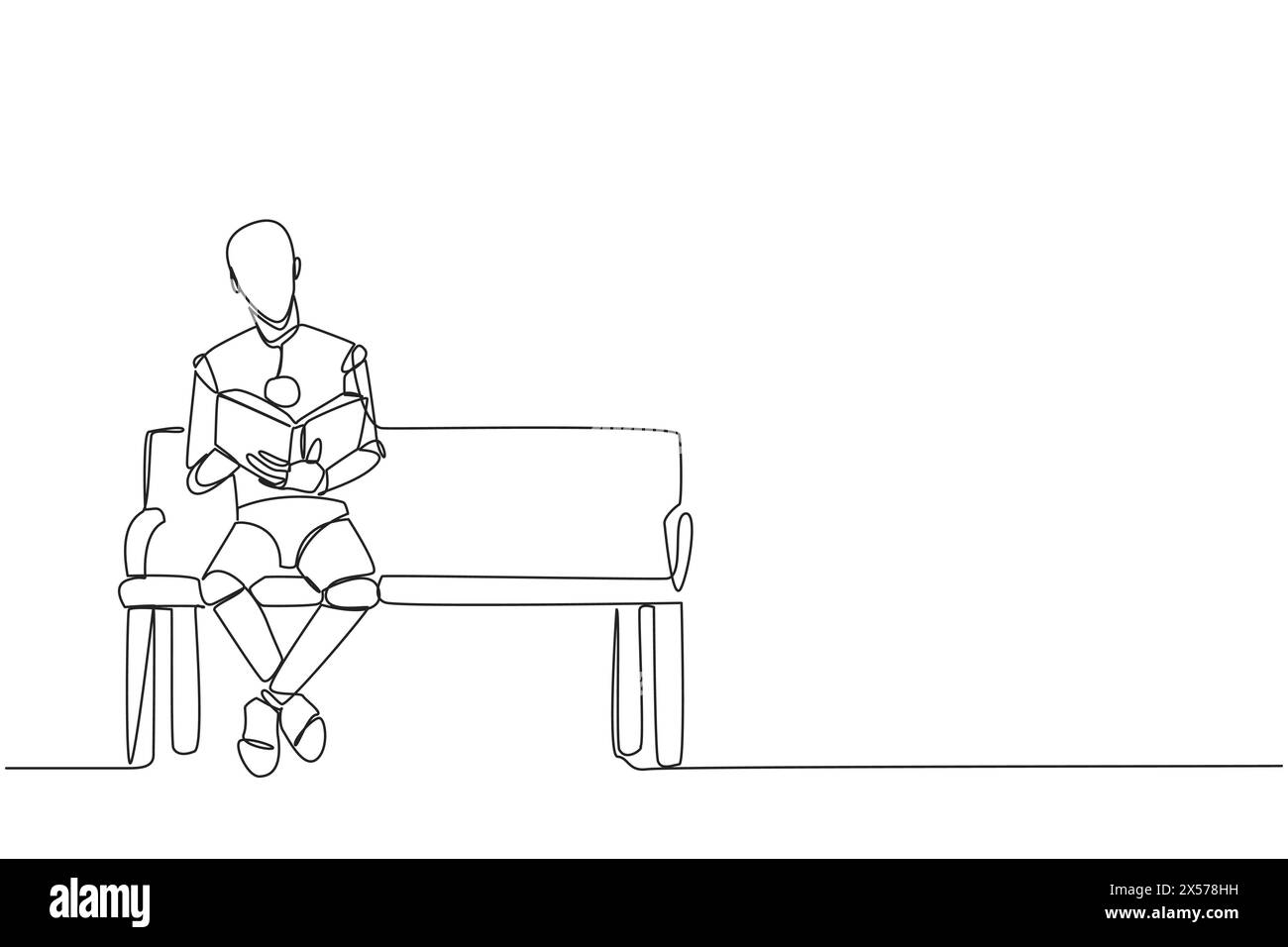 Single one line drawing smart robot sitting reading on chair in the ...