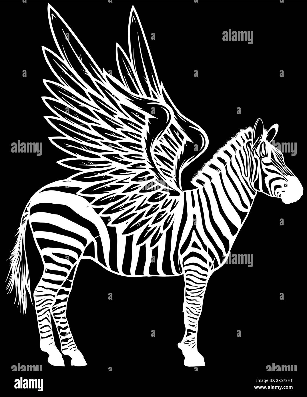 white silhouette of Cute zebra with wings. Isolated animal on black ...
