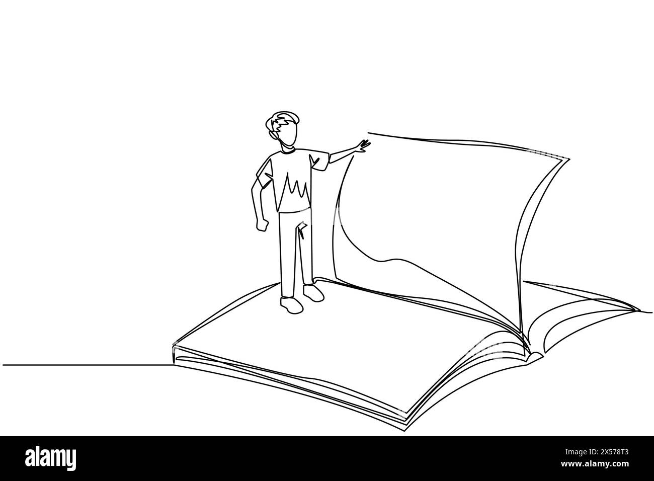 Continuous one line drawing man standing over open ledger turning the