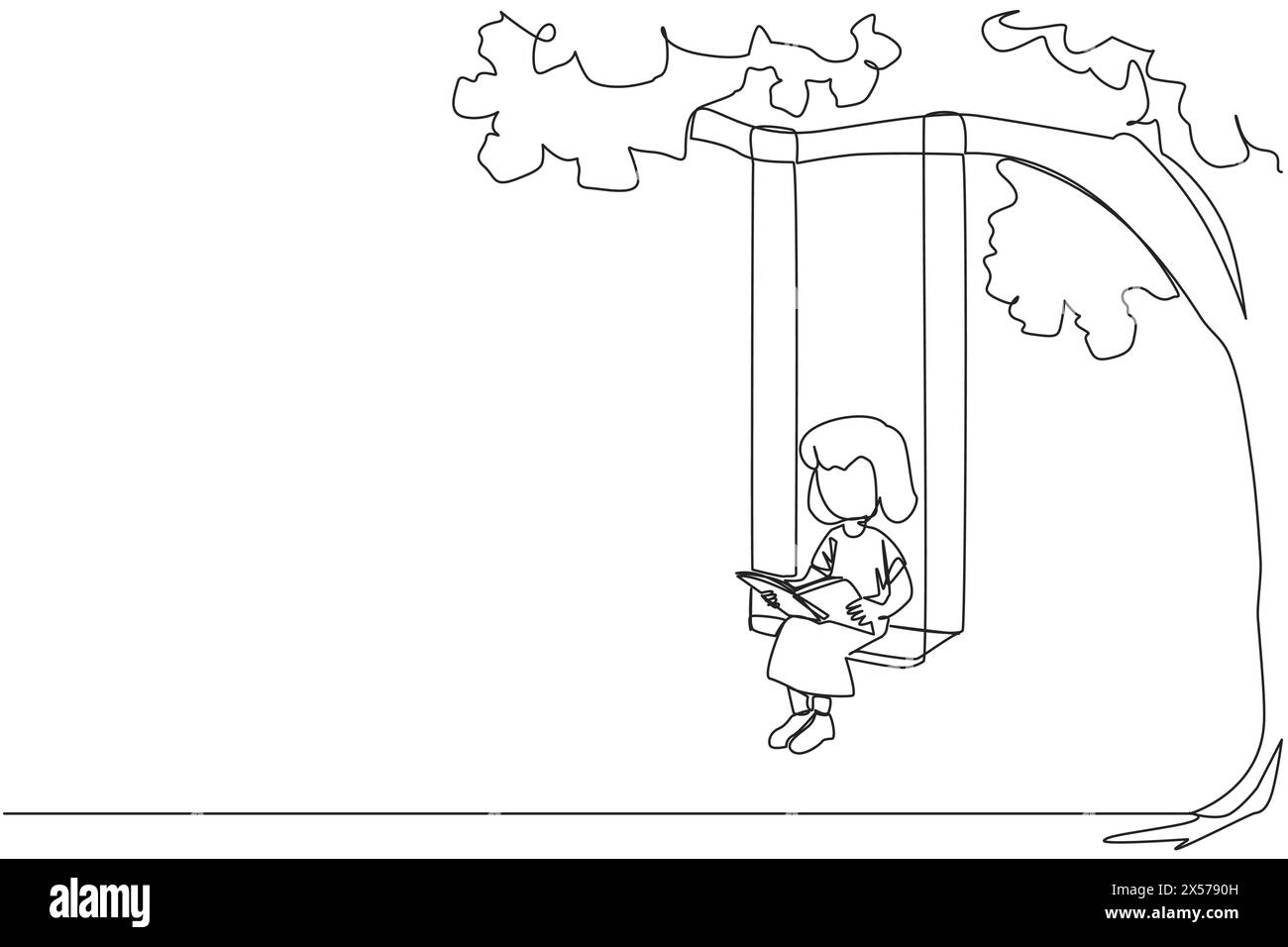 Continuous one line drawing girl sitting on swing under a shady tree reading a book. High enthusiasm for reading. Read anywhere. Reading increases ins Stock Vector