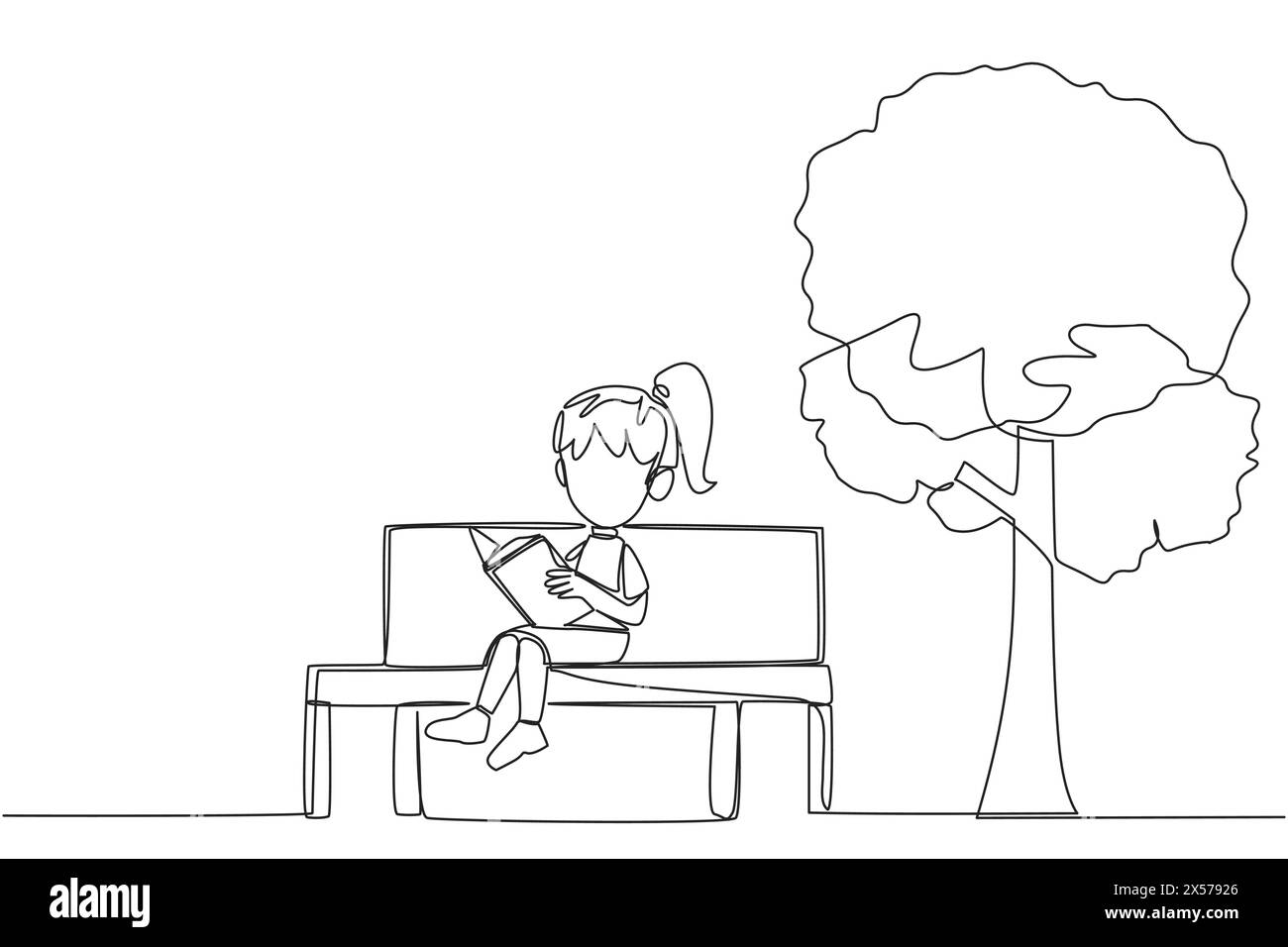 Single continuous line drawing girl sitting on school park bench ...