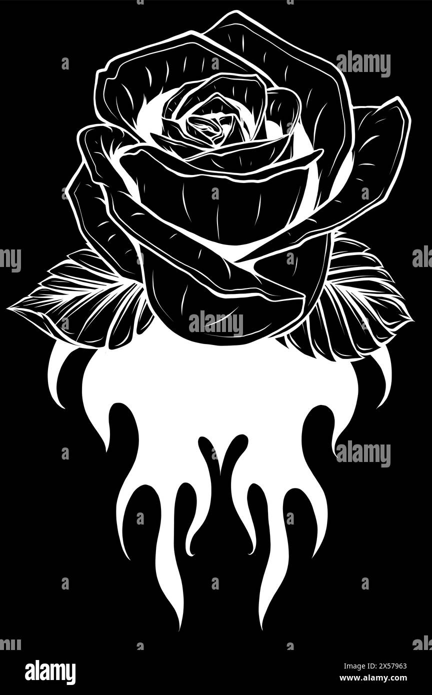 white silhouette of Rose In Flames Tattoo Icon Isolated on black background Vector Illustration Stock Vector
