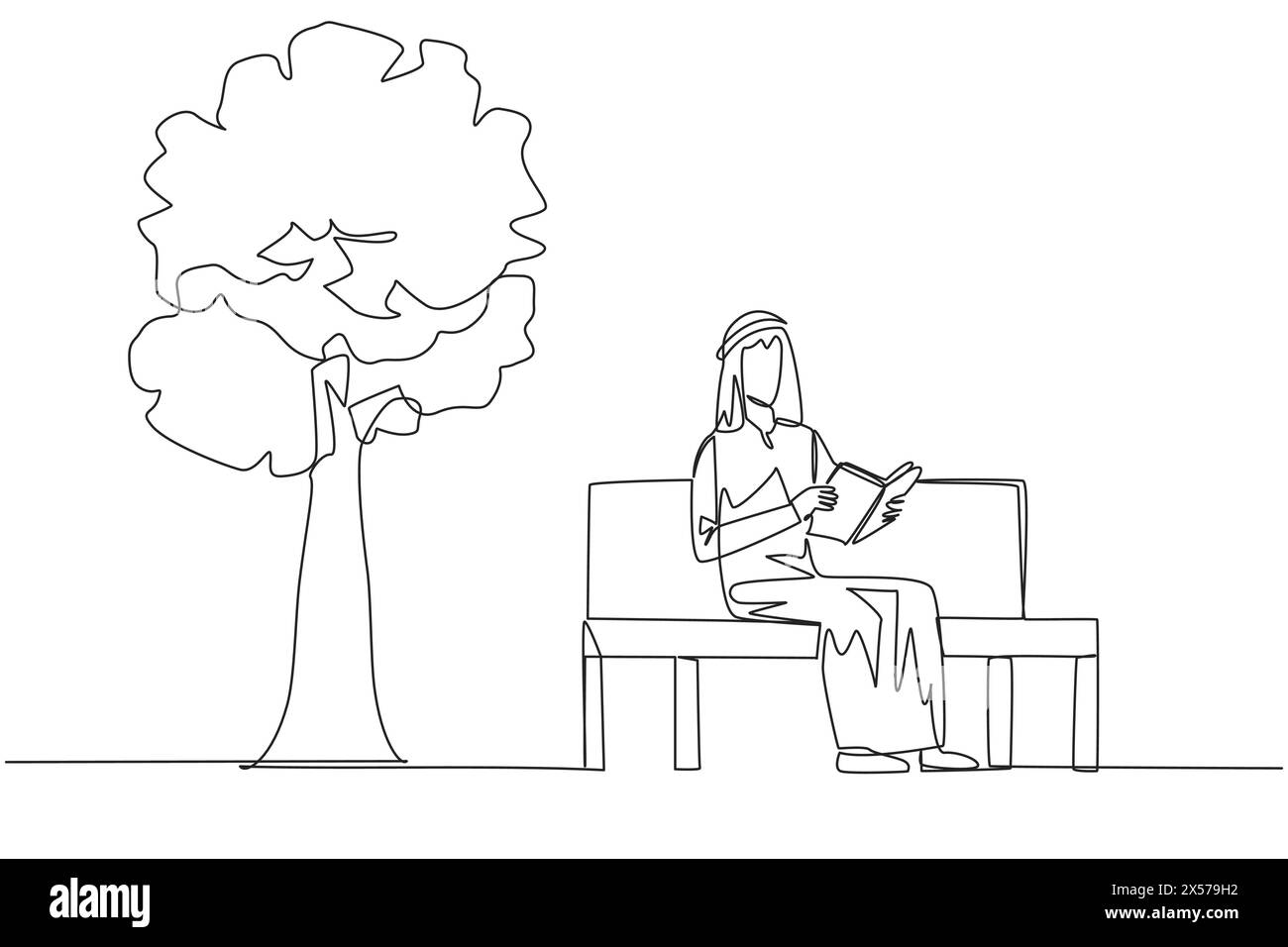 Single one line drawing Arabian man sitting on park bench reading book ...
