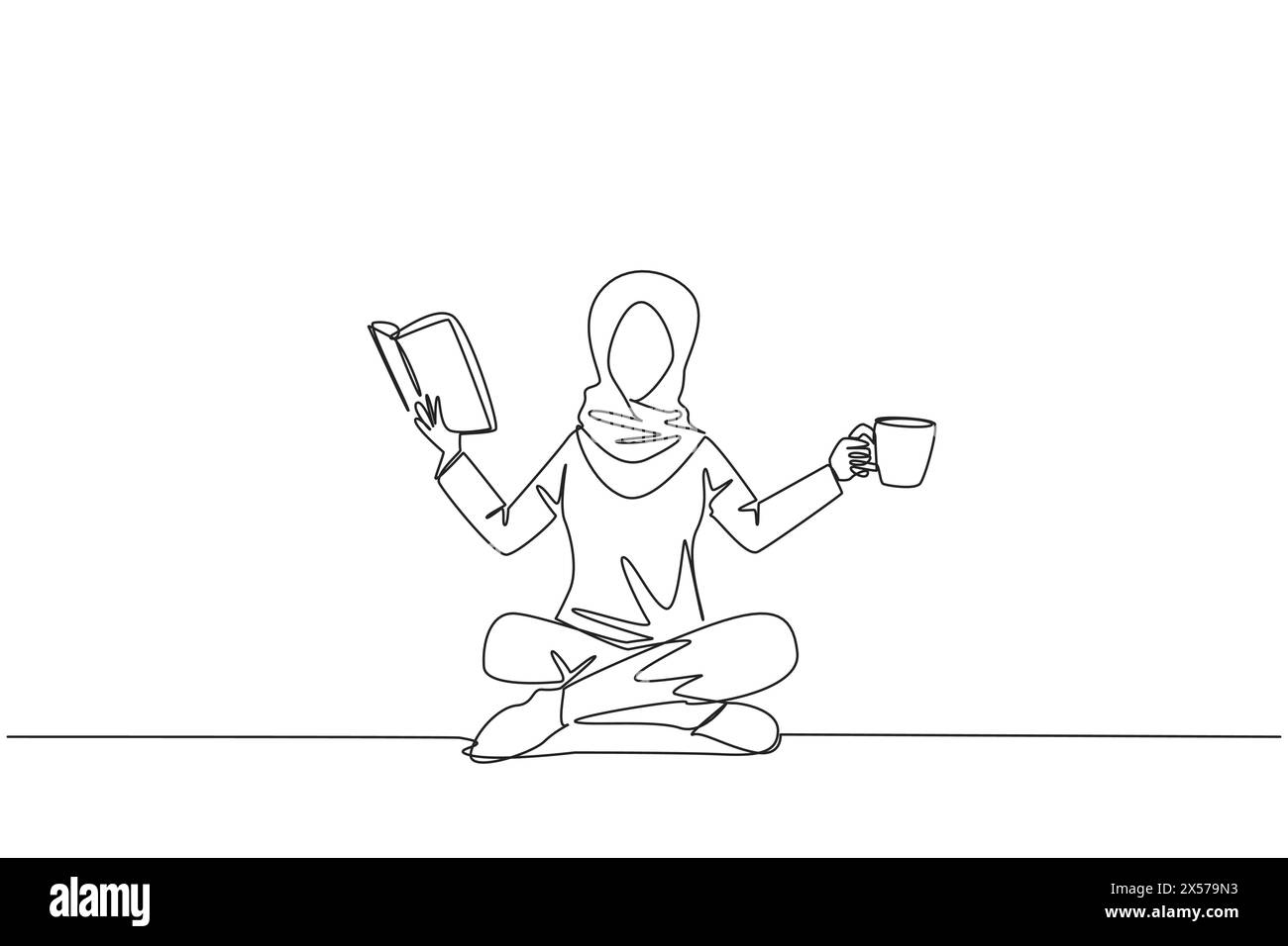 Single continuous line drawing Arabian woman sitting cross-legged ...