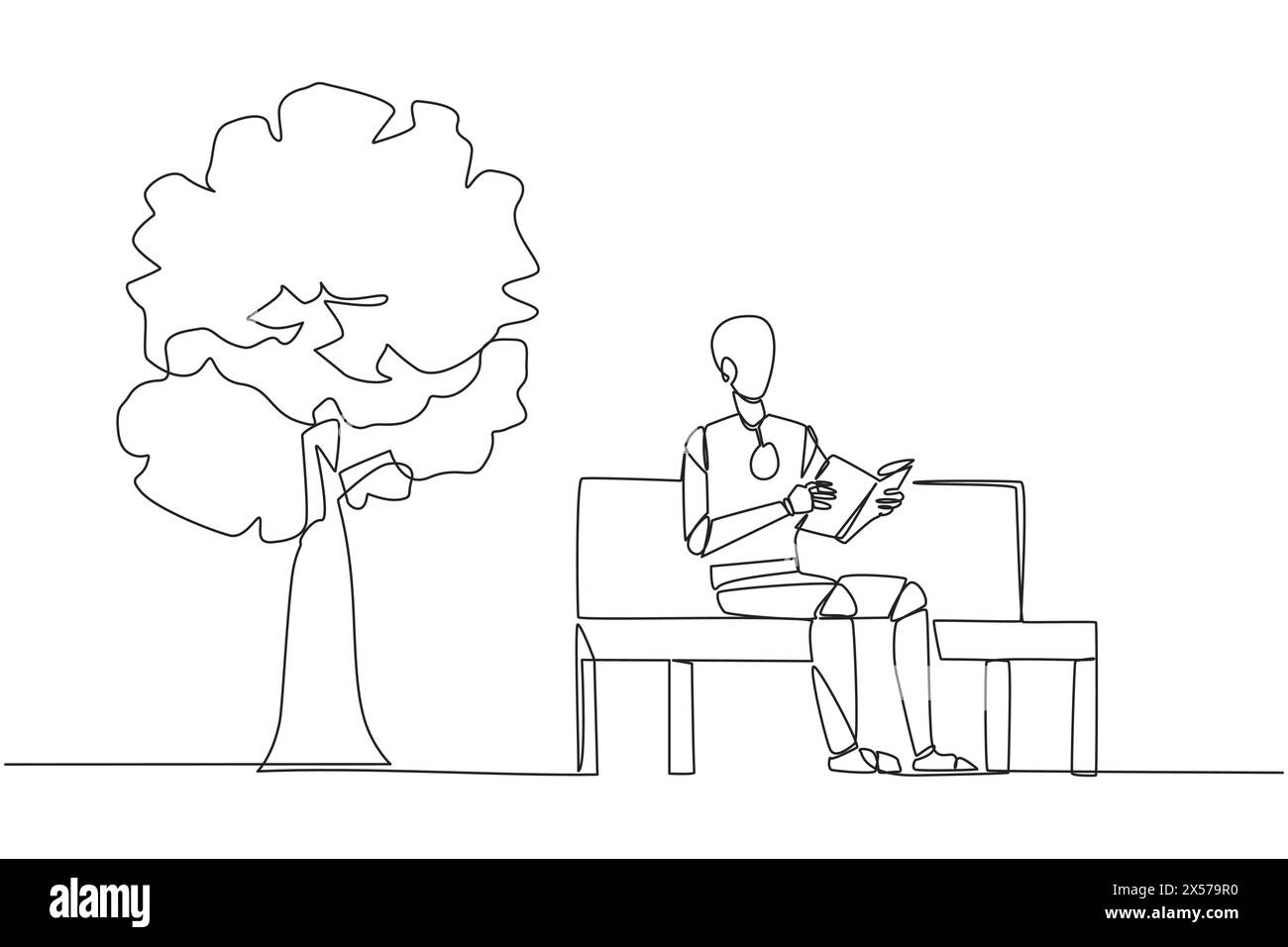 Continuous one line drawing robot sitting on park bench reading book ...