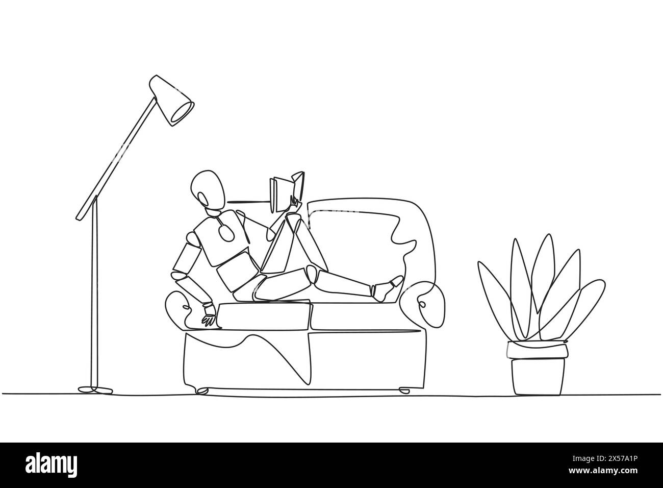 Single one line drawing smart robot sitting stretched out on sofa ...