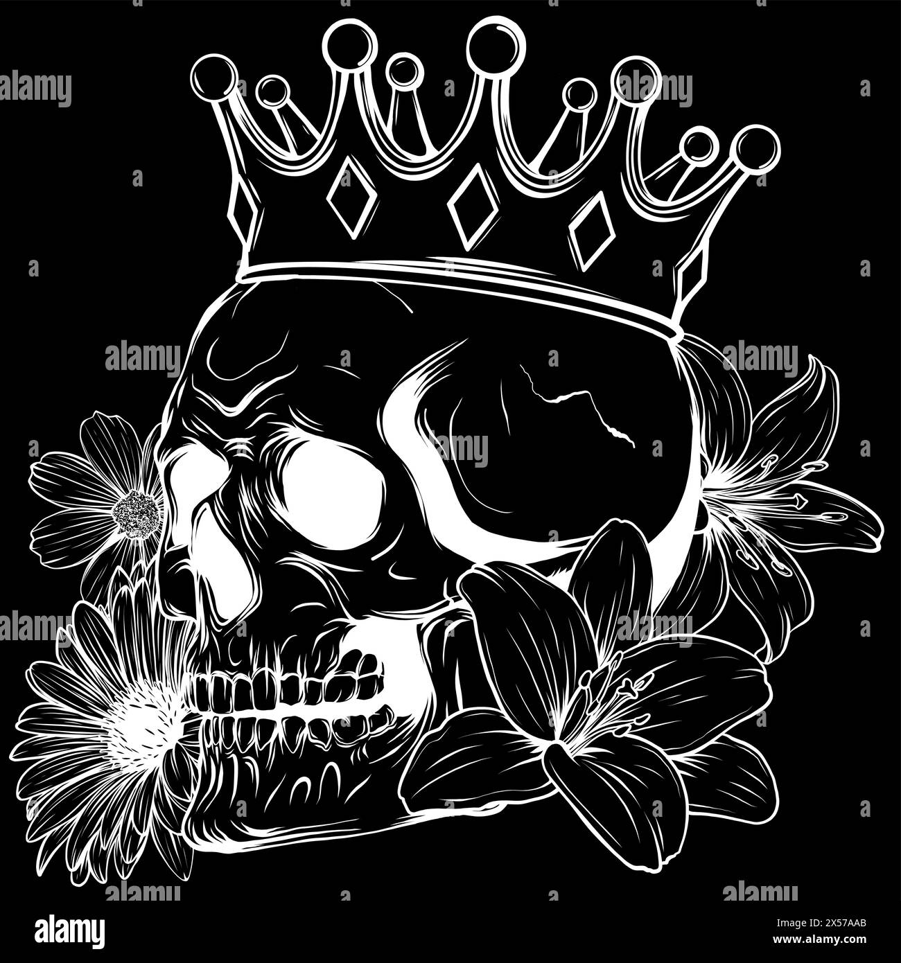 white silhouette of Beautiful romantic skull with crown and elegant wreath of flowers on black background Stock Vector