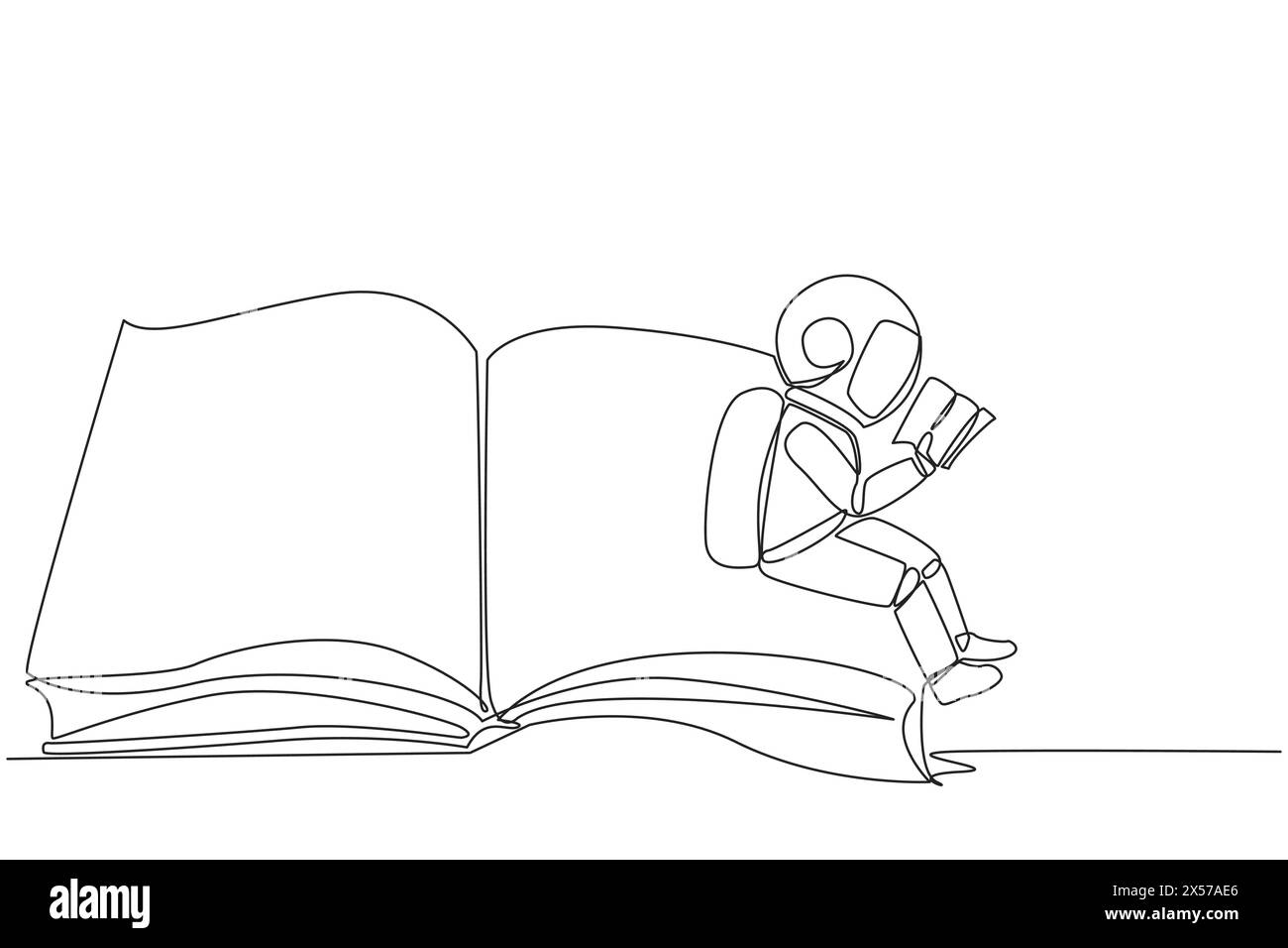 Single continuous line drawing young astronaut sitting on the edge of a ...