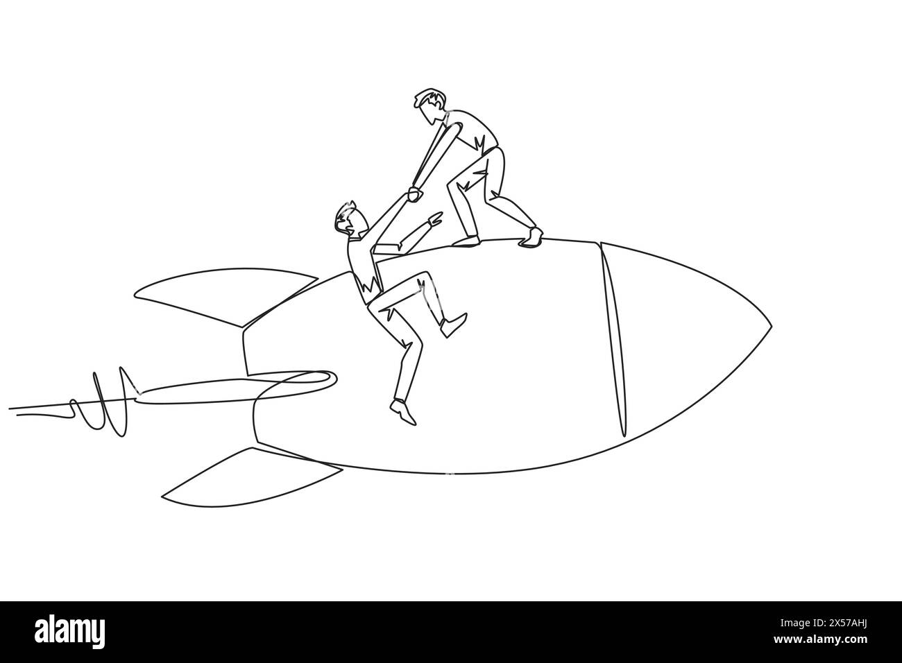 Single continuous line drawing businessman helps colleague climb flying ...