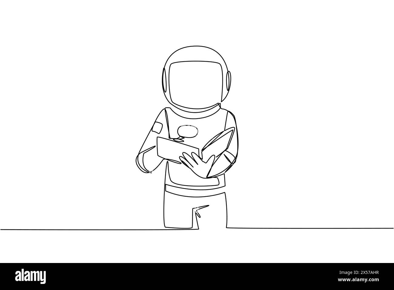 Single continuous line drawing astronaut reading book while holding a magnifier. Small letters that robots cannot recognize without tools. Looking for Stock Vector