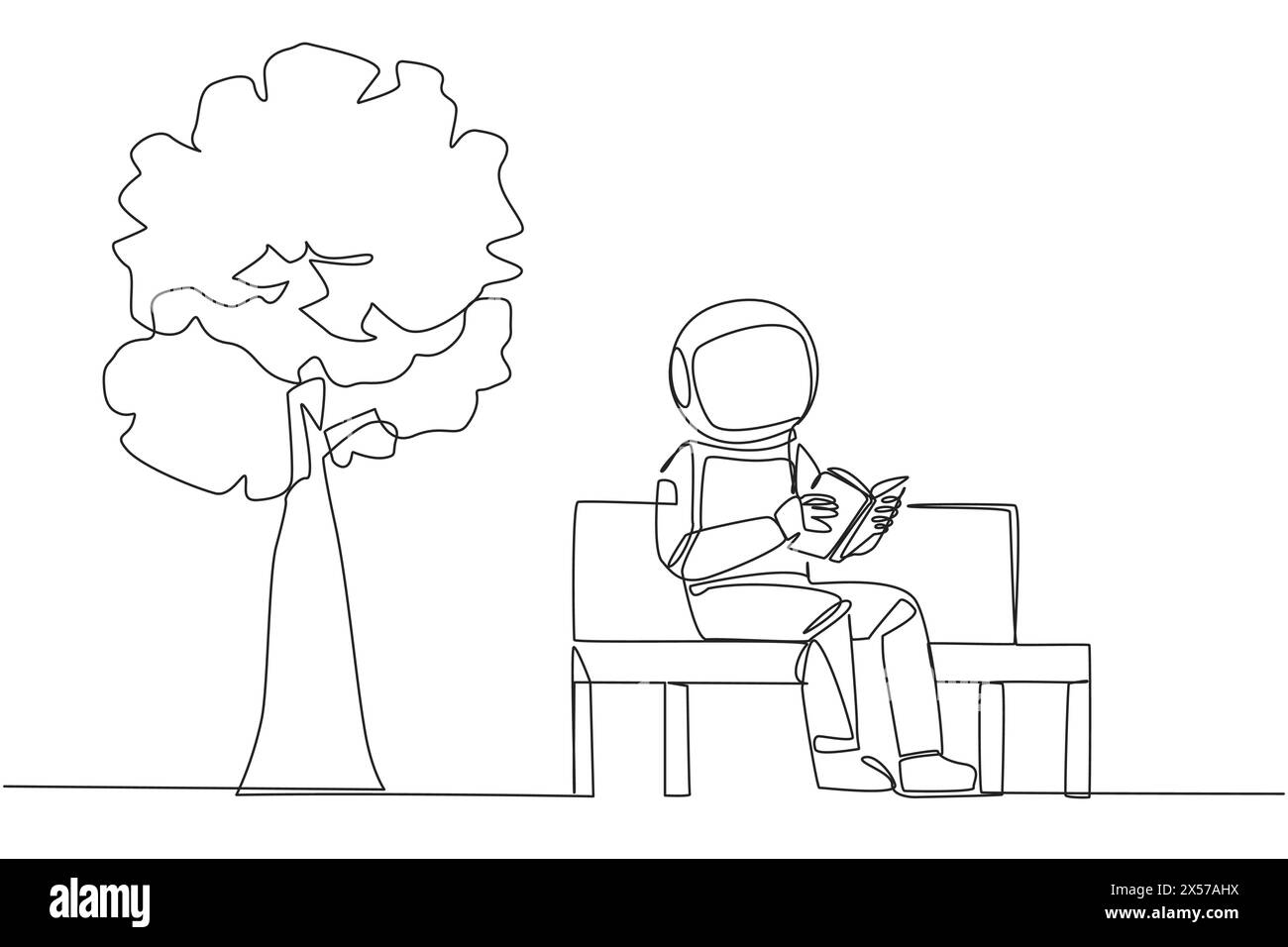 Single one line drawing astronaut sitting on park bench reading book ...