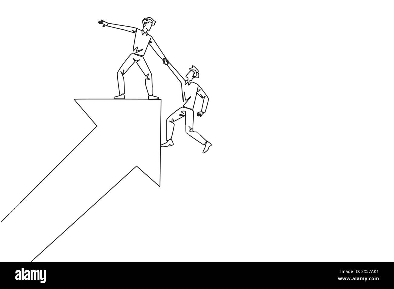 Single continuous line drawing businessman helps colleague climb rising ...