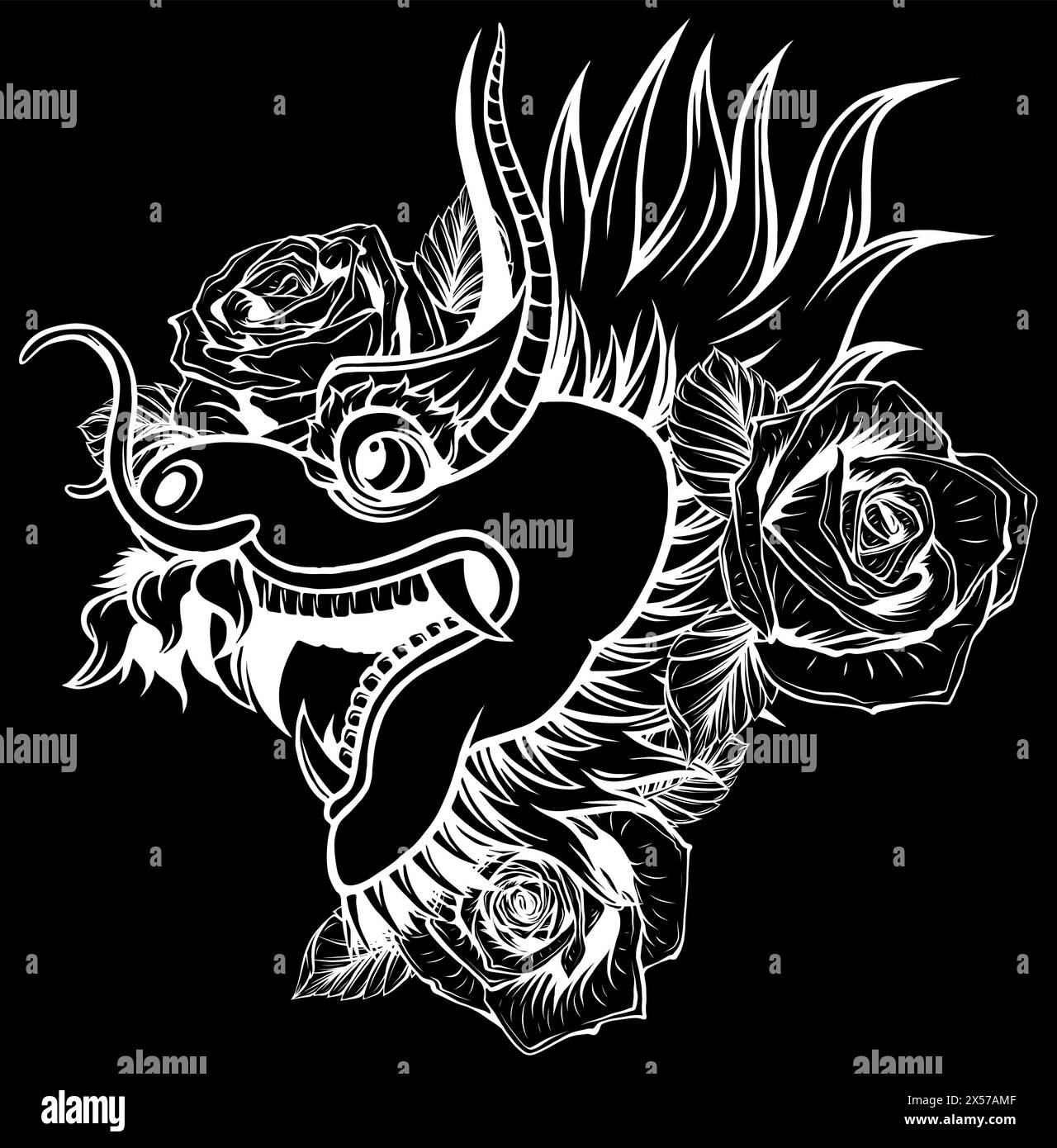 white silhouette of Japanese dragon with rose flower vector design isolated on black background Stock Vector