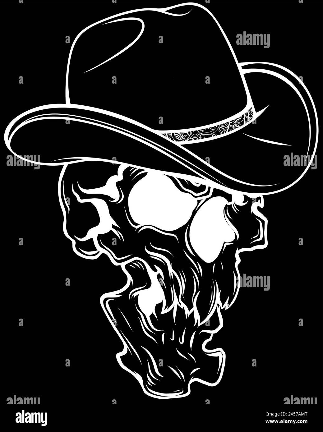 white silhouette of Skull cowboy on black background. digital hand draw design Stock Vector
