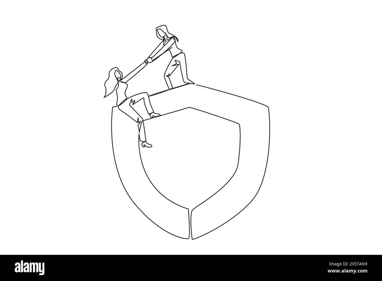 Continuous one line drawing businesswoman helps colleague climb shield