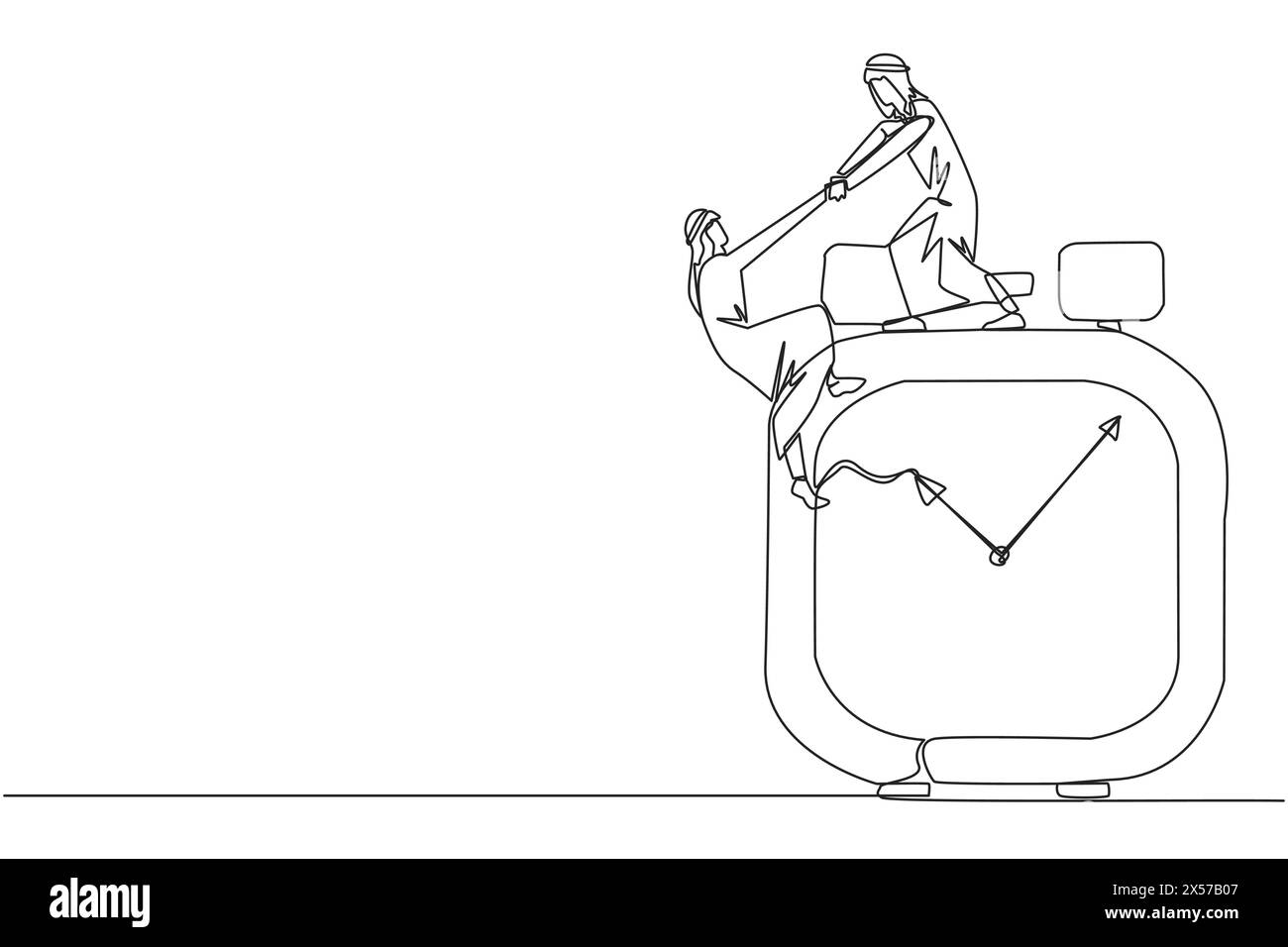 Single one line drawing Arabian businessman helps colleague climb alarm ...