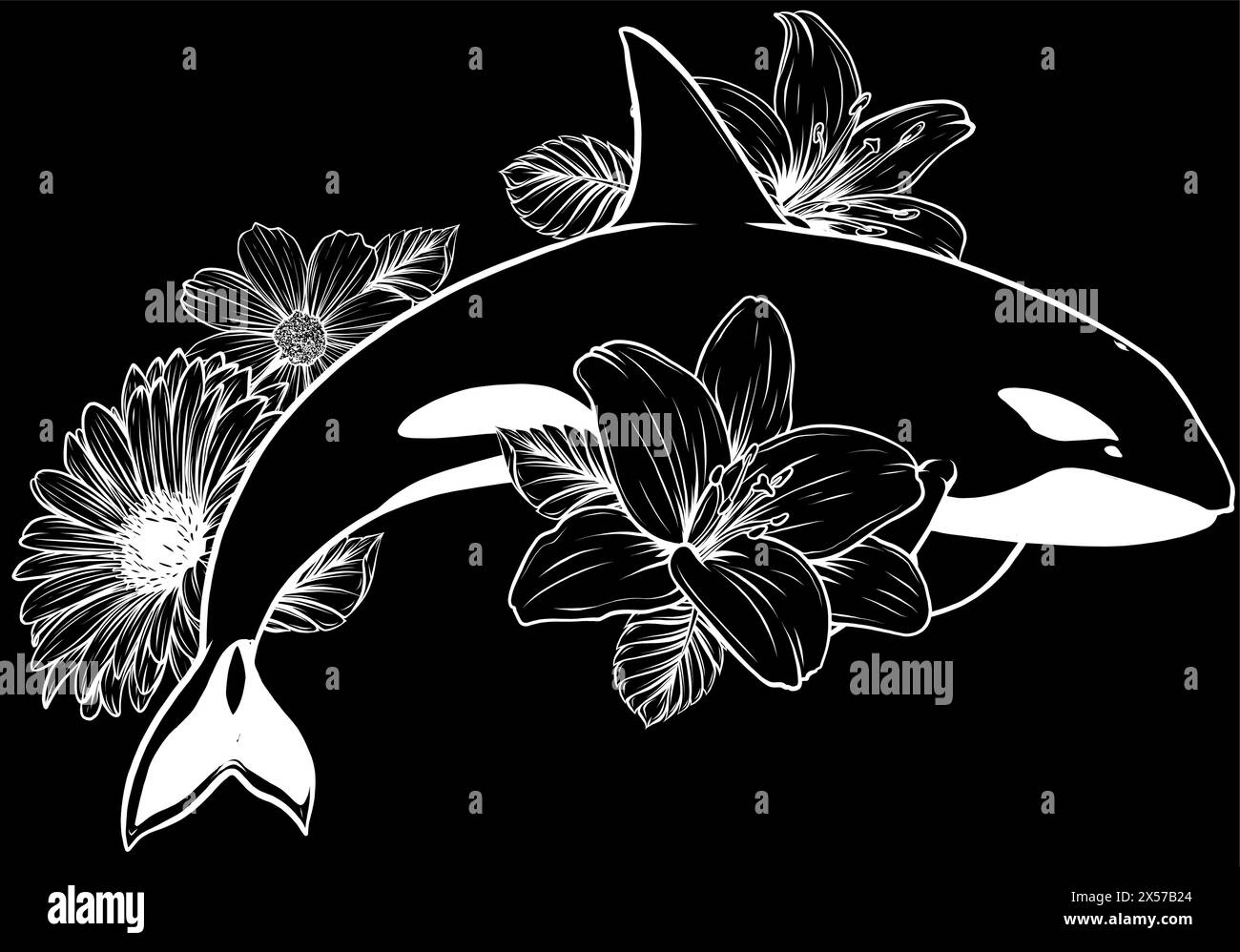 white silhouette of Killer whale with flower on black background vector ...