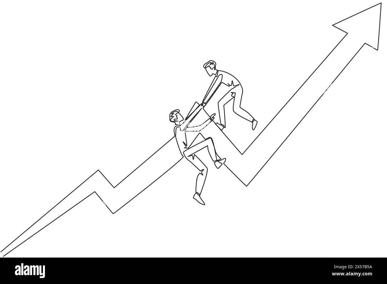 Continuous one line drawing businessman helps colleague to climb the