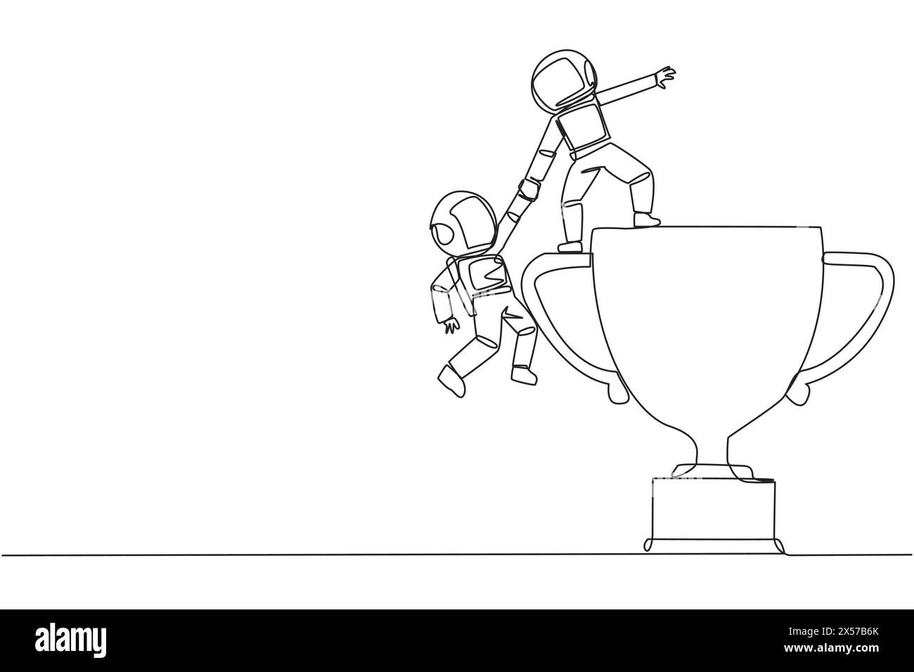 Continuous one line drawing astronaut helps colleague climb the big trophy. Achievement that cannot be achieved without great teamwork. Smart teamwork Stock Vector