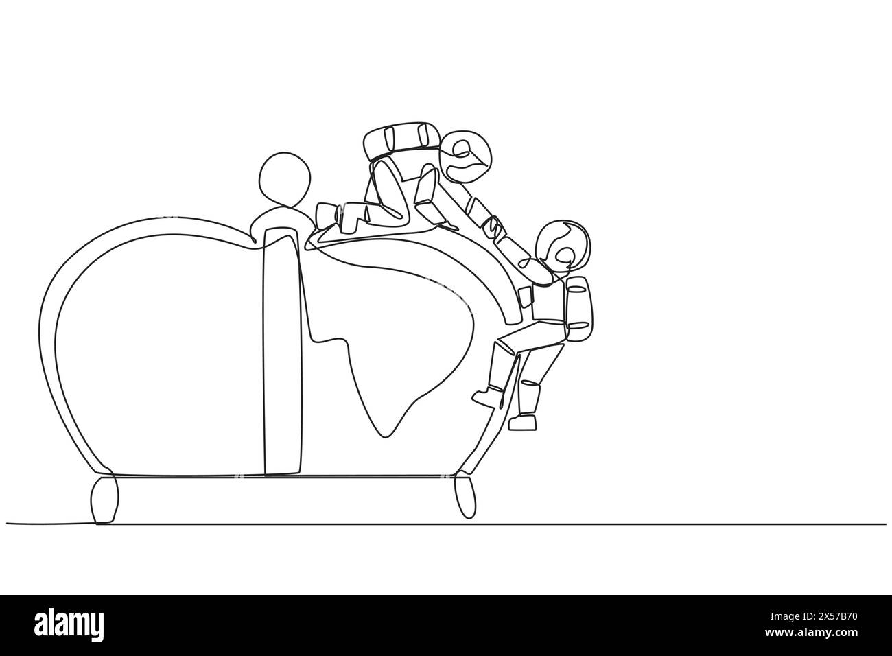 Single one line drawing young astronaut helps partner climbs the big ...