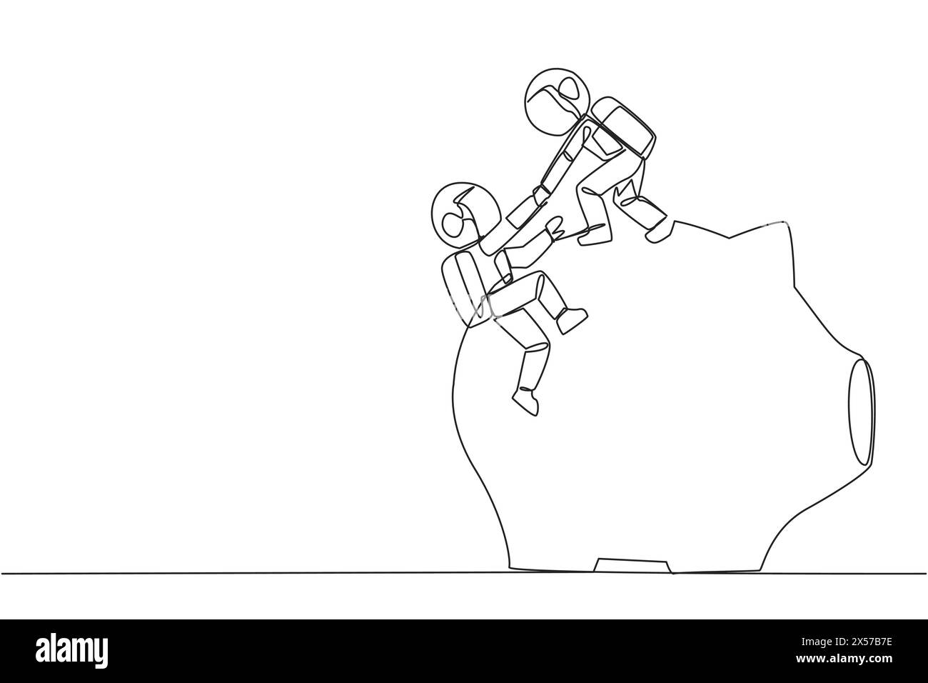 Single one line drawing astronaut helps colleague climb the big piggy bank. Remind each other in kindness. Investment for the future. Super great team Stock Vector