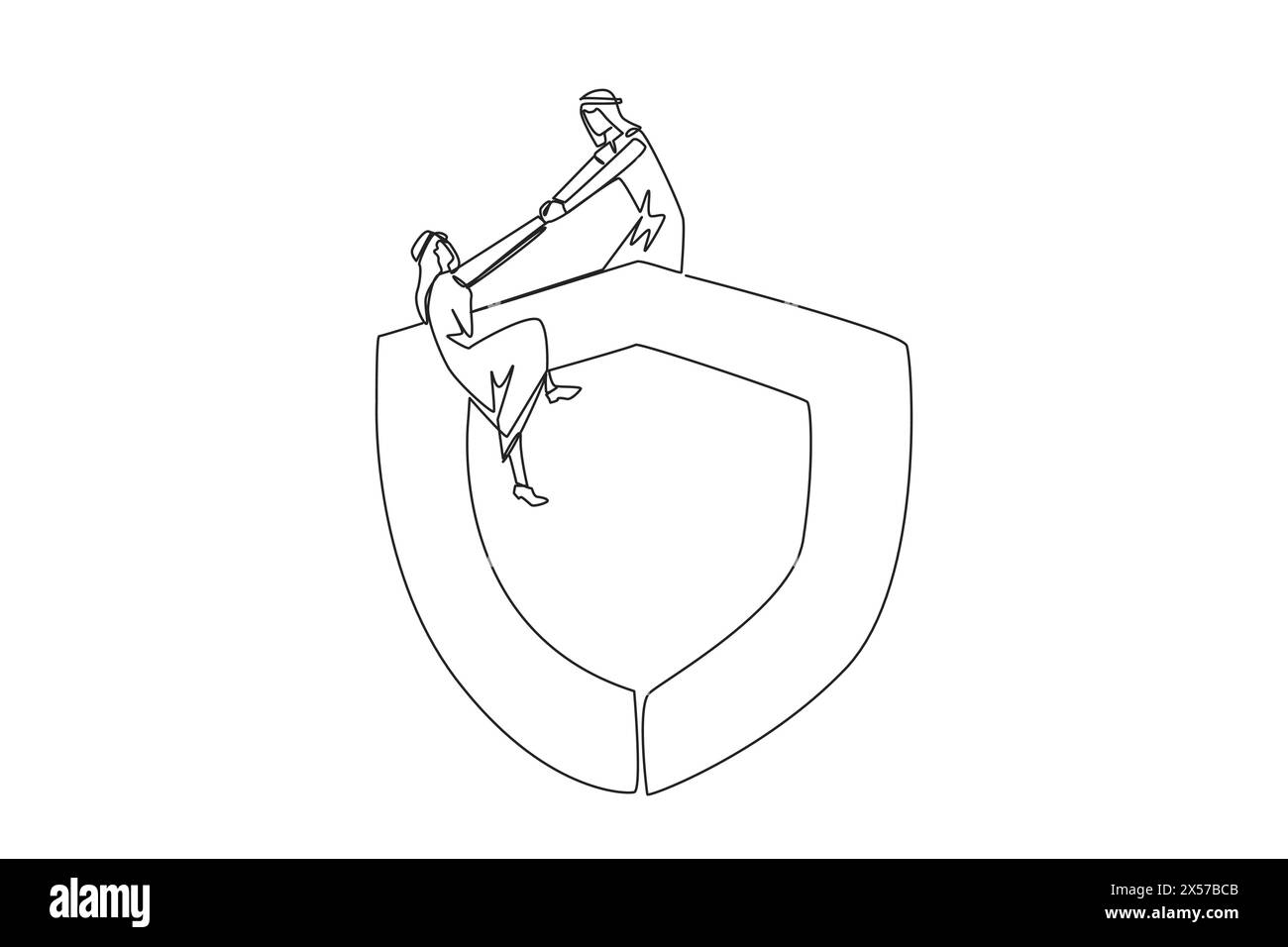 Single one line drawing Arabian businessman helps colleague climb the ...