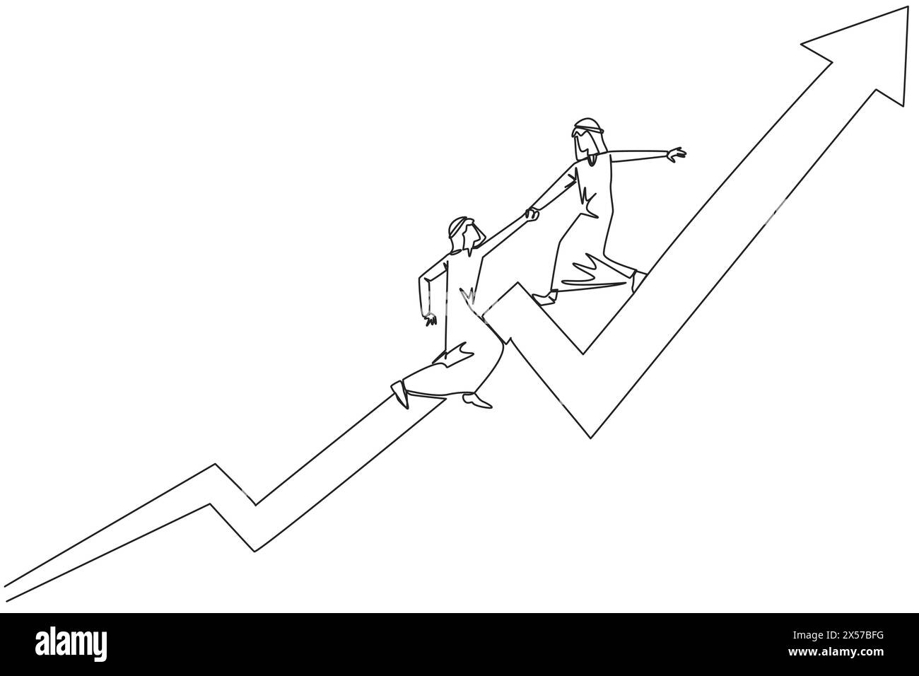 Single continuous line drawing Arabian businessman helps colleague to