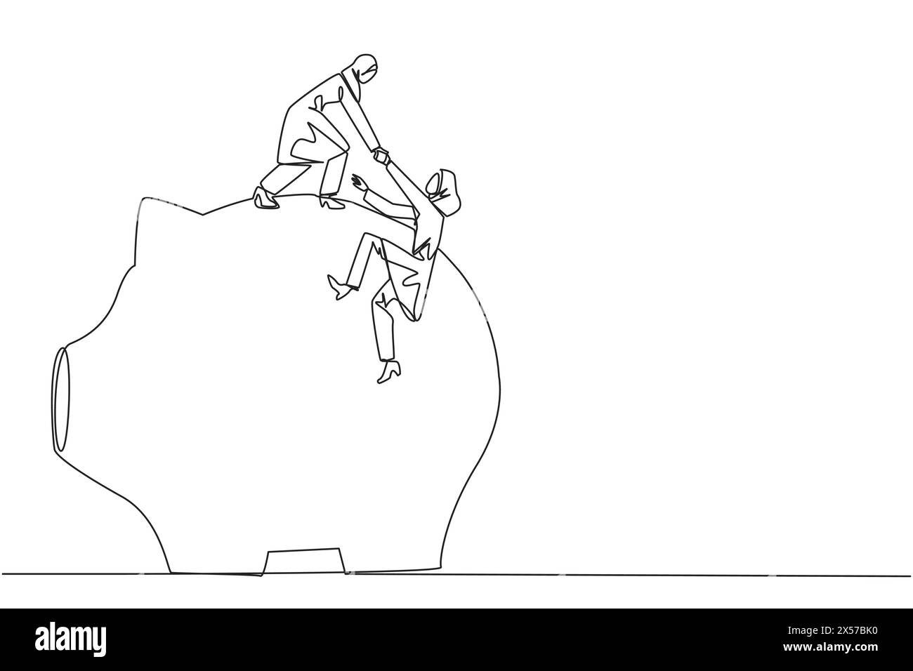 Single continuous line drawing Arab businesswoman helps colleague climb ...