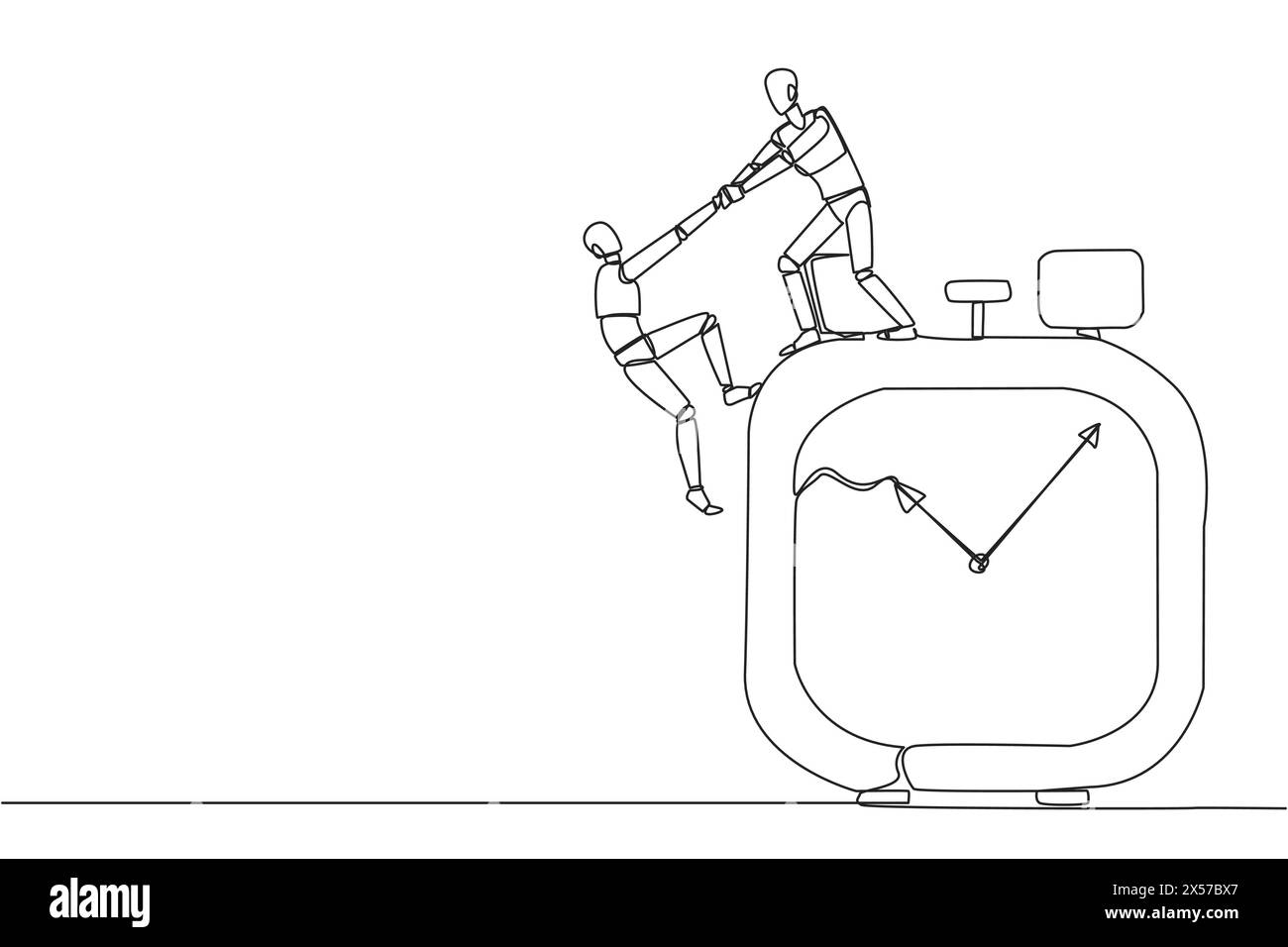 Continuous one line drawing smart robot helps colleague climb big alarm clock. Helping coworkers. Deadline is coming. Work together for better end res Stock Vector