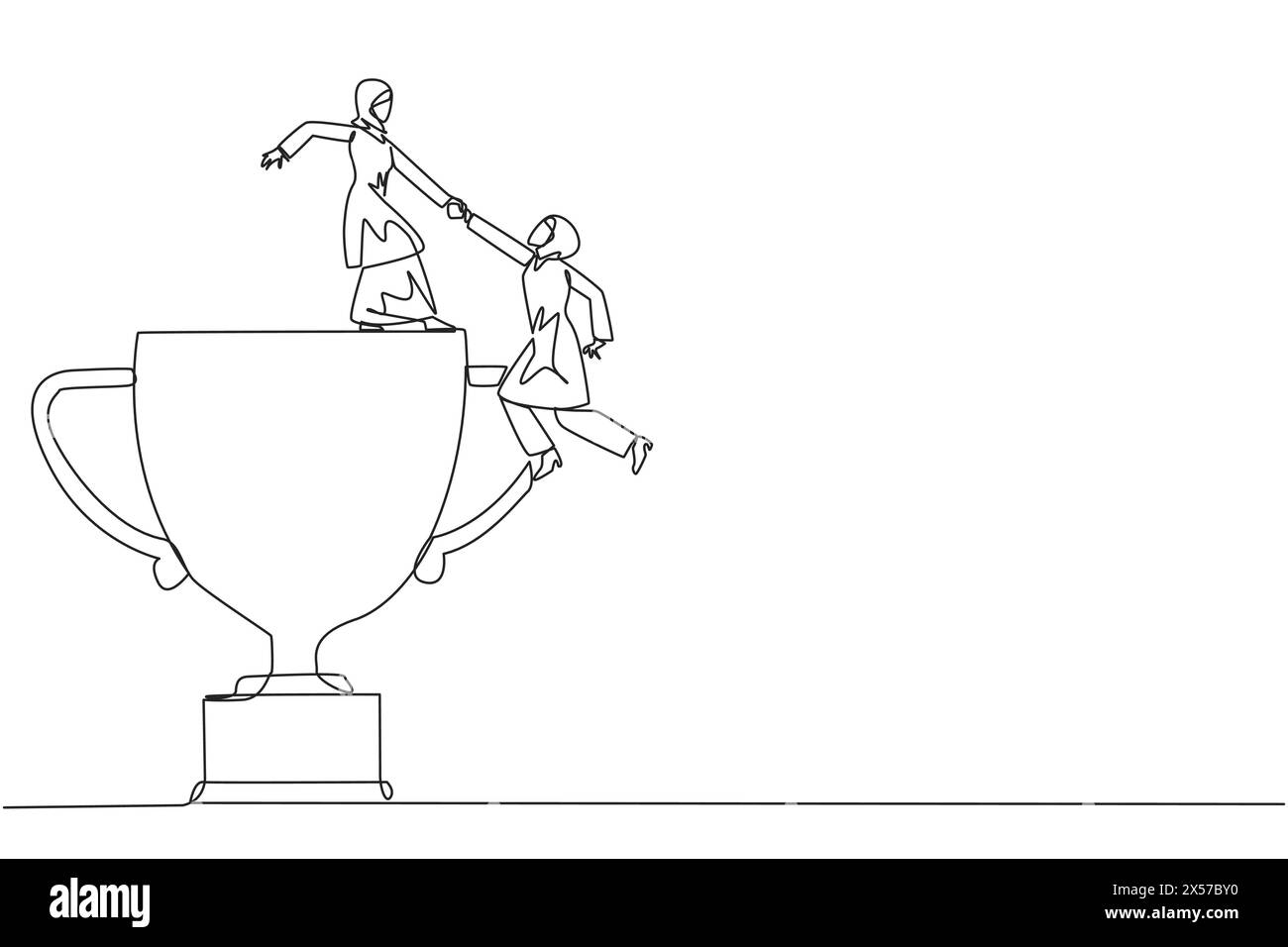 Single one line drawing Arabian businesswoman helps colleague climb big ...