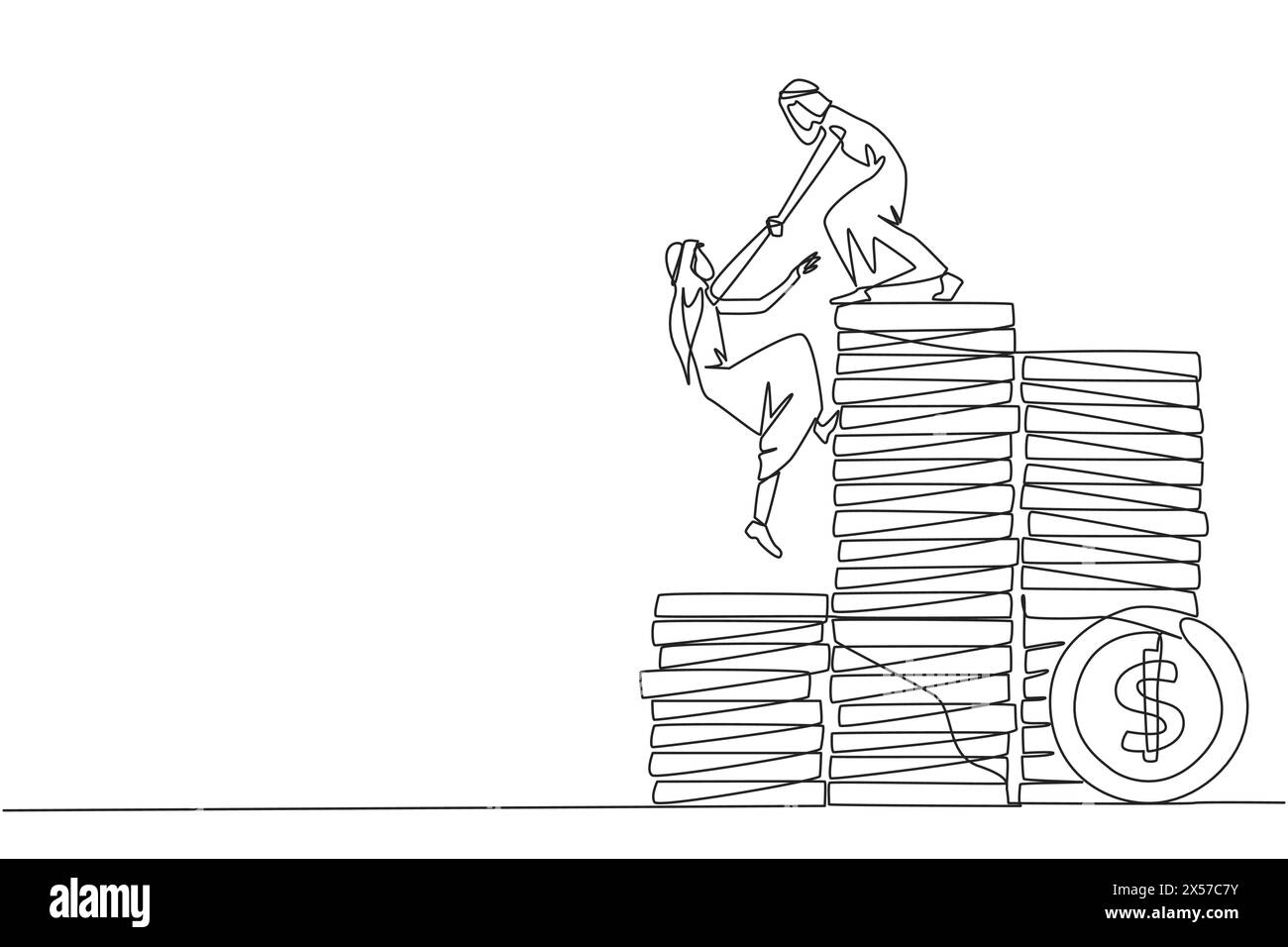Single continuous line drawing Arab businessman helps colleague climb ...