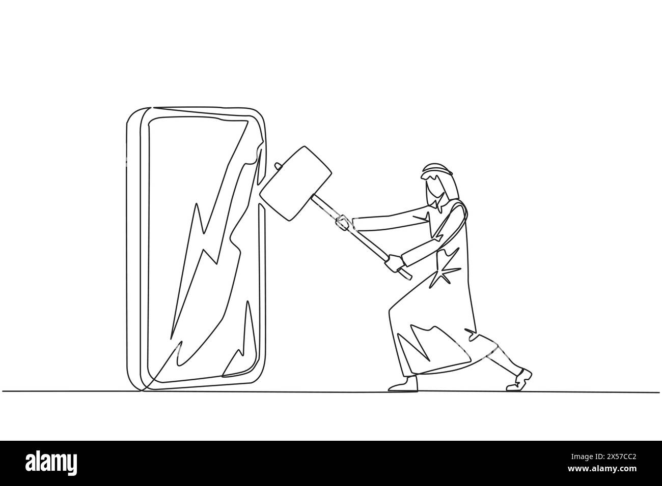 Continuous one line drawing Arabian businessman preparing to hit big smartphone. Technology can destructive if not use properly. Intelligence is requi Stock Vector
