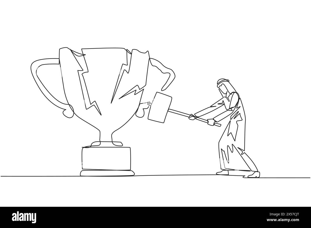 With Mounting Rage Single continuous line drawing Arabian businessman preparing to hit big ...