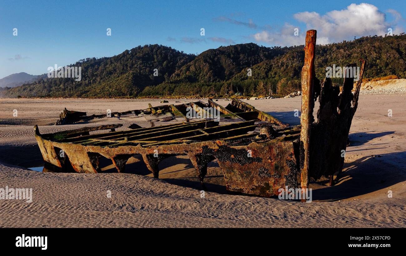 Mokihinui beach, Buller District, south island, Aotearoa / New Zealand - July 30, 2011: Shipwreck of the Steamship Lawrence. Stock Photo